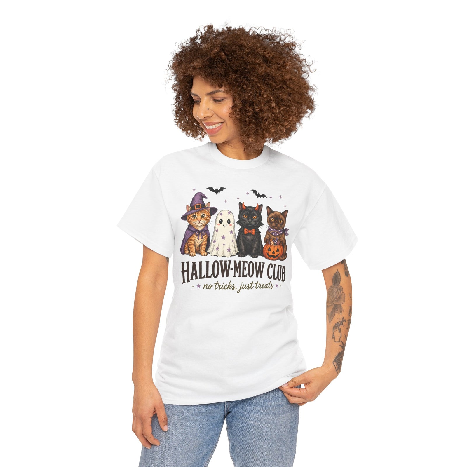 Hallow-Meow Club No Tricks Just Treats T-Shirt — Spooky Cute Cat Costume Tee