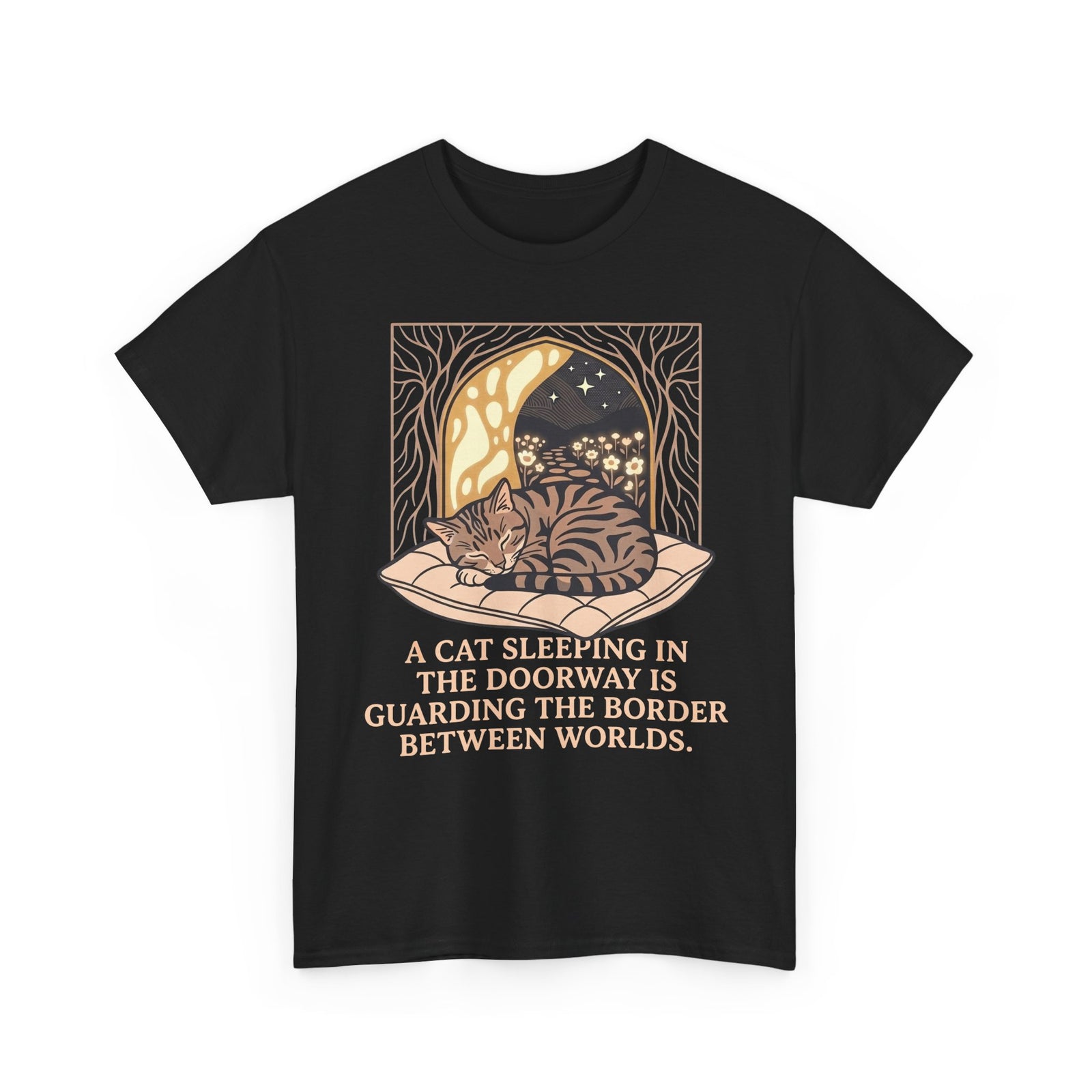 Mystical Cat Sleeping in the Doorway T-Shirt — "Guarding the Border Between Worlds"