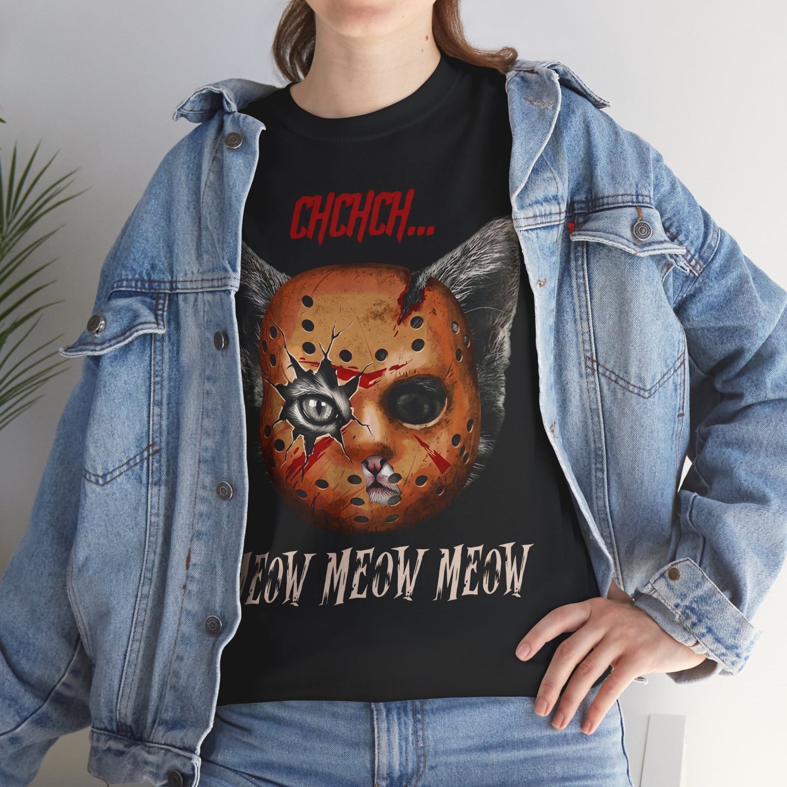 Horror Cat Tee “Meow Meow Meow” Jason Mask Kitty Graphic T-Shirt