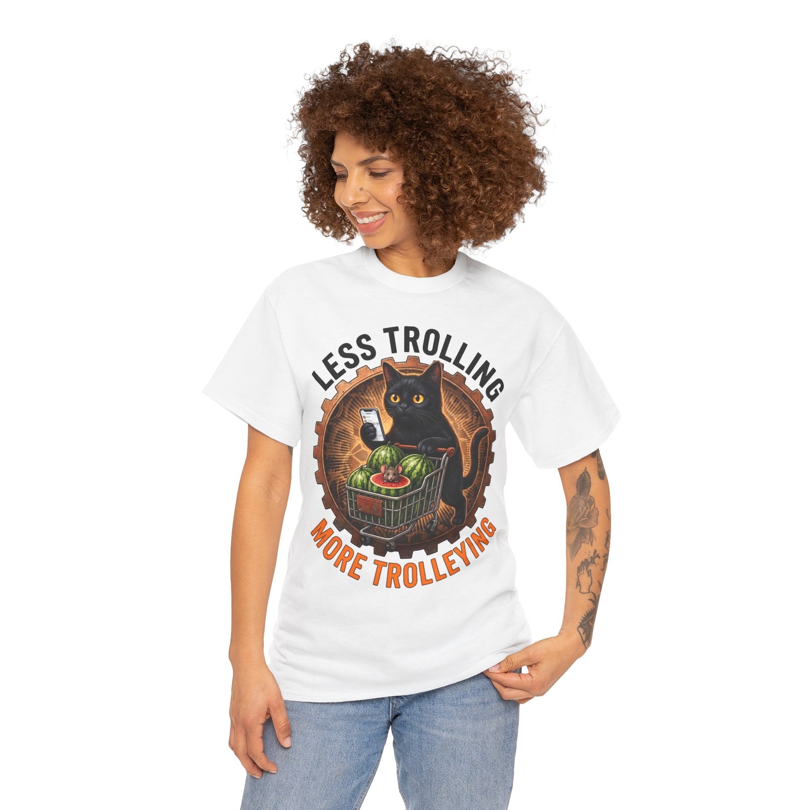 Less Trolling More Trolleying T-Shirt — Funny Black Cat Shopping Cart Pun Tee