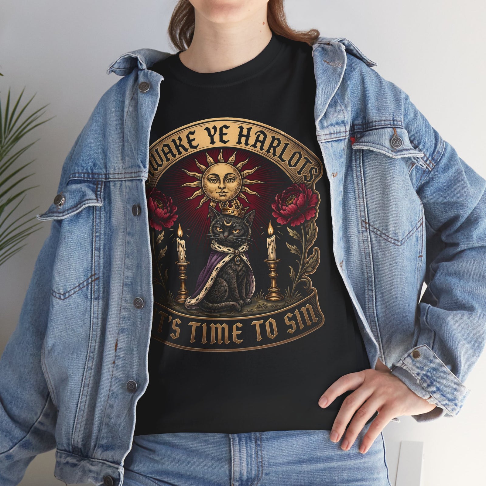 Awake Ye Harlots It's Time To Sin T-Shirt — Mystical Crowned Black Cat Tee