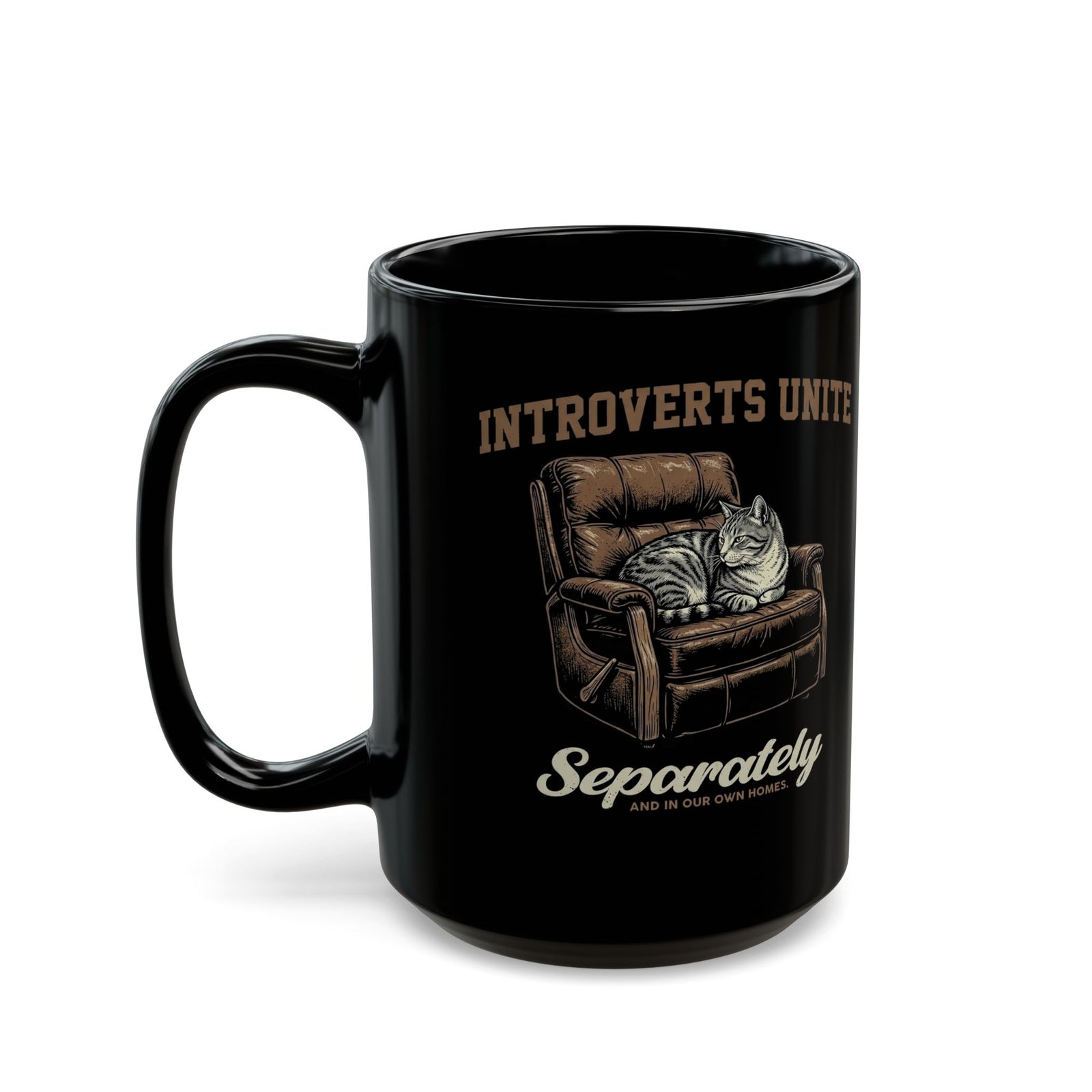 Introverts Unite Cat Black Mug — Funny Cat Graphic Mug for Introverts