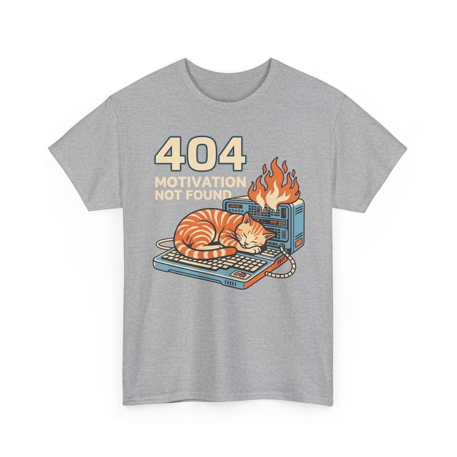 404 Motivation Not Found T-Shirt — Funny Cat Sleeping on Flaming Computer Tee