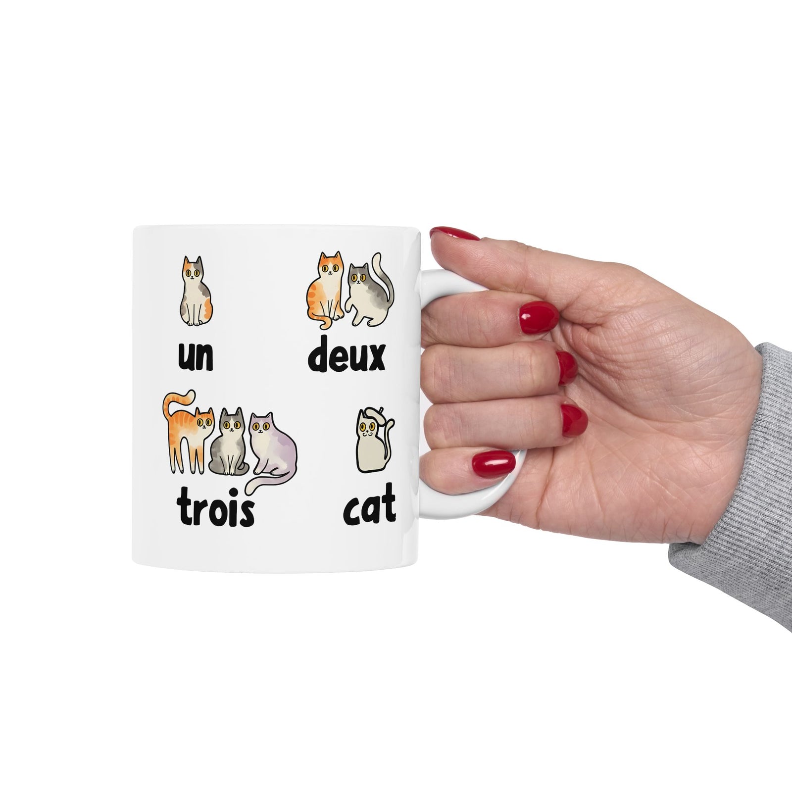 Un Deux Trois Cat Ceramic Mug — Cute French Cat Graphic Mug
