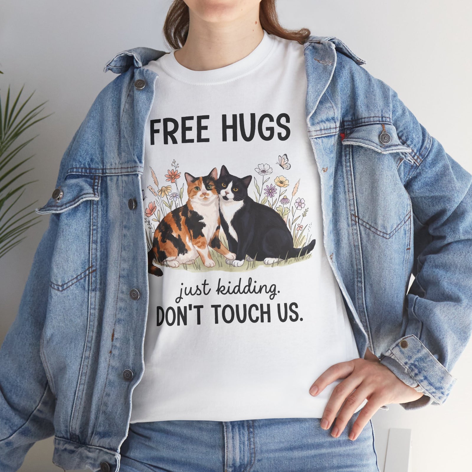 Free Hugs Just Kidding Don't Touch Us T-Shirt — Funny Anti-Social Cat Tee