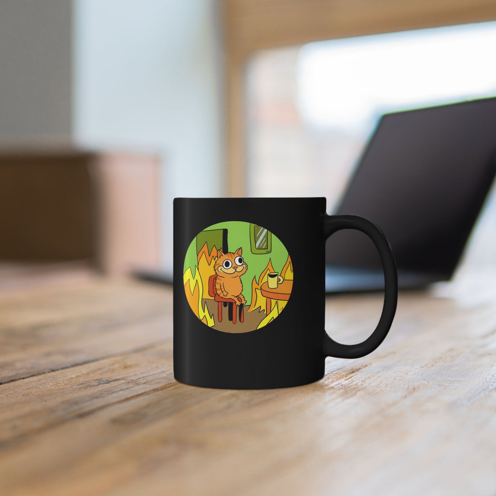 This Is Fine Orange Cat Black Mug — Funny Meme Parody Feline Graphic Mug
