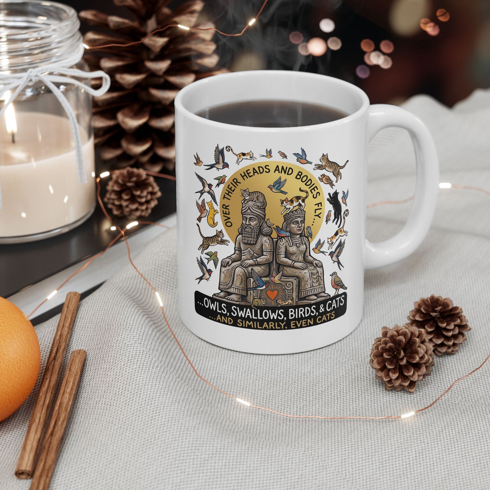 Birds & Cats Graphic Ceramic Mug — "Over Their Heads and Bodies Fly"