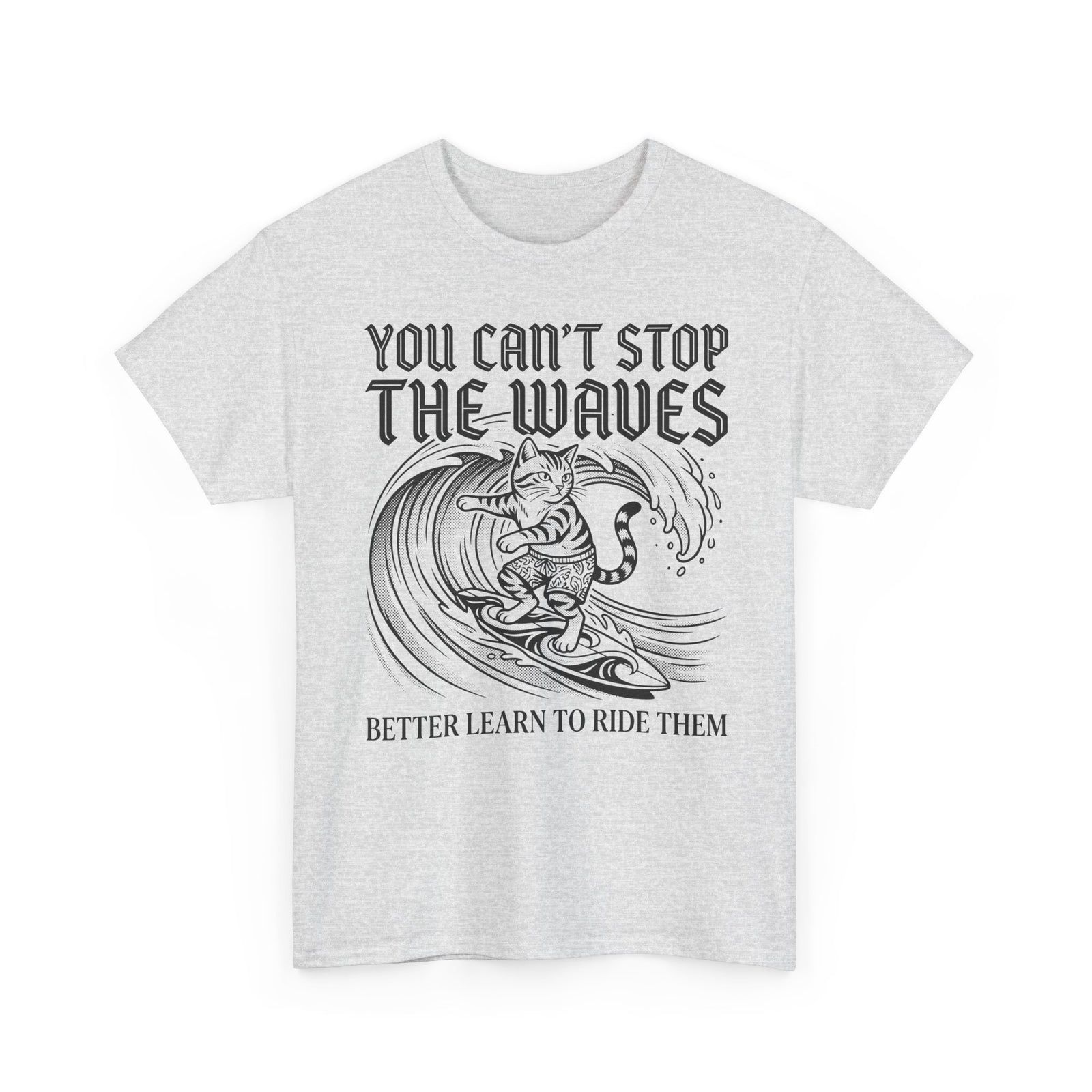 Vintage Surfer Cat T-Shirt — Monochrome Ocean Waves Graphic Tee