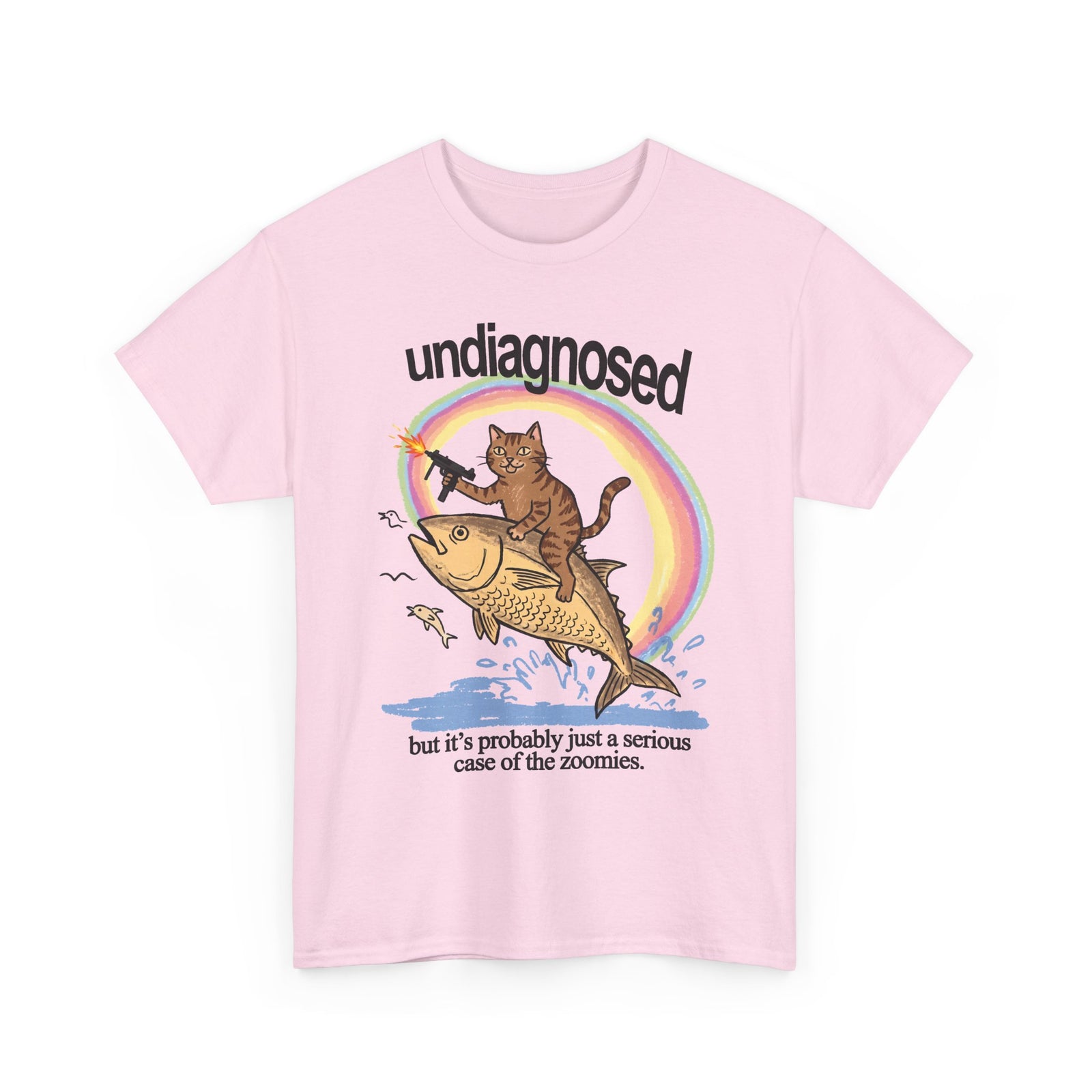 Undiagnosed Case Of The Zoomies T-Shirt — Machine Gun Cat Riding Fish Tee