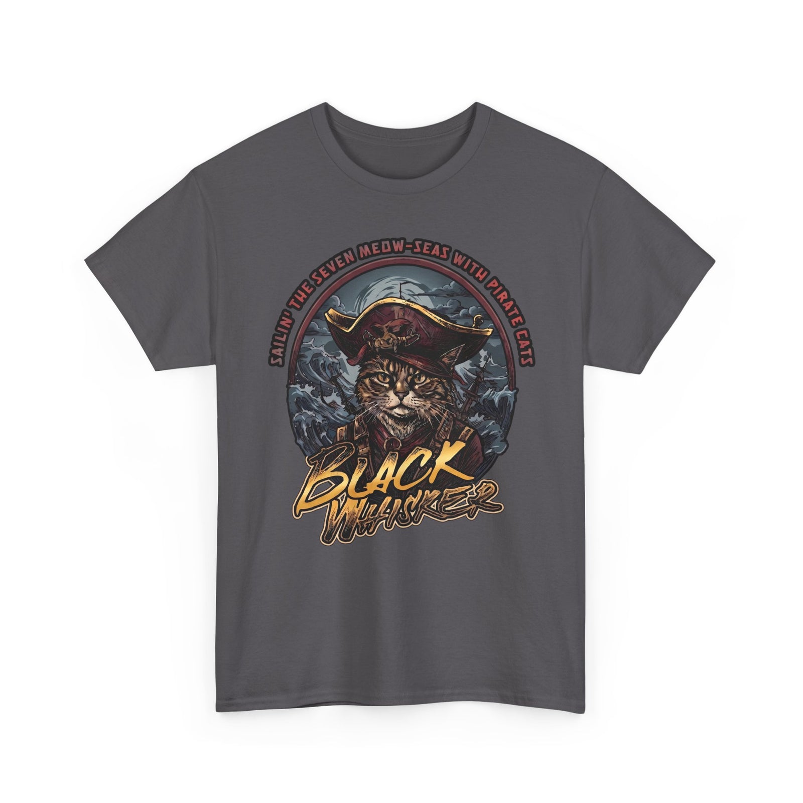Black Whisker Pirate Cat T-Shirt — Funny Nautical Seven Meow-Seas Tee