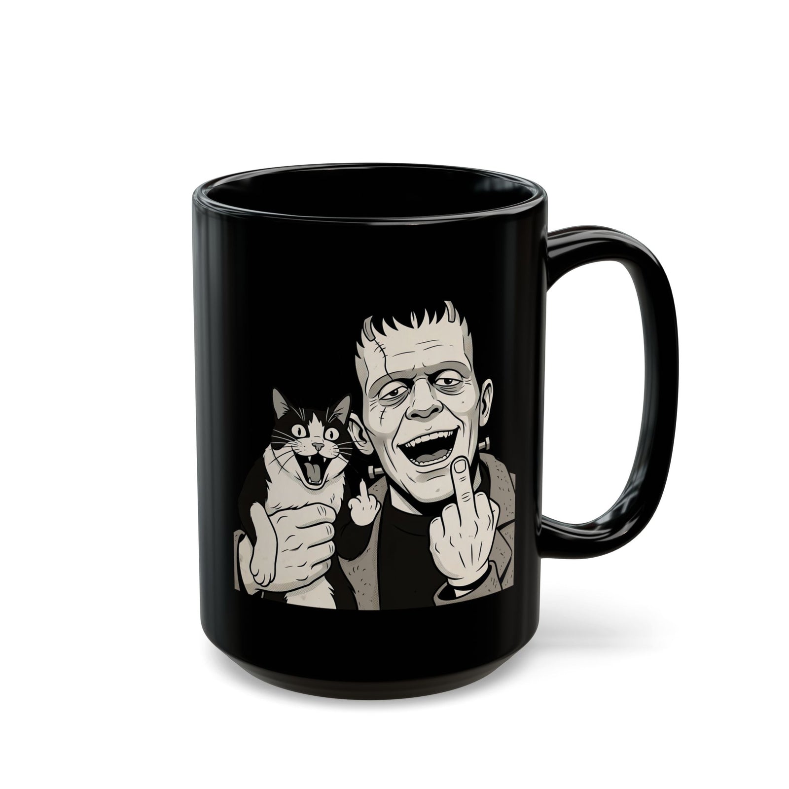 Frankenstein Cat T‑Mug — Cute Spooky Cat & Frankenstein Design