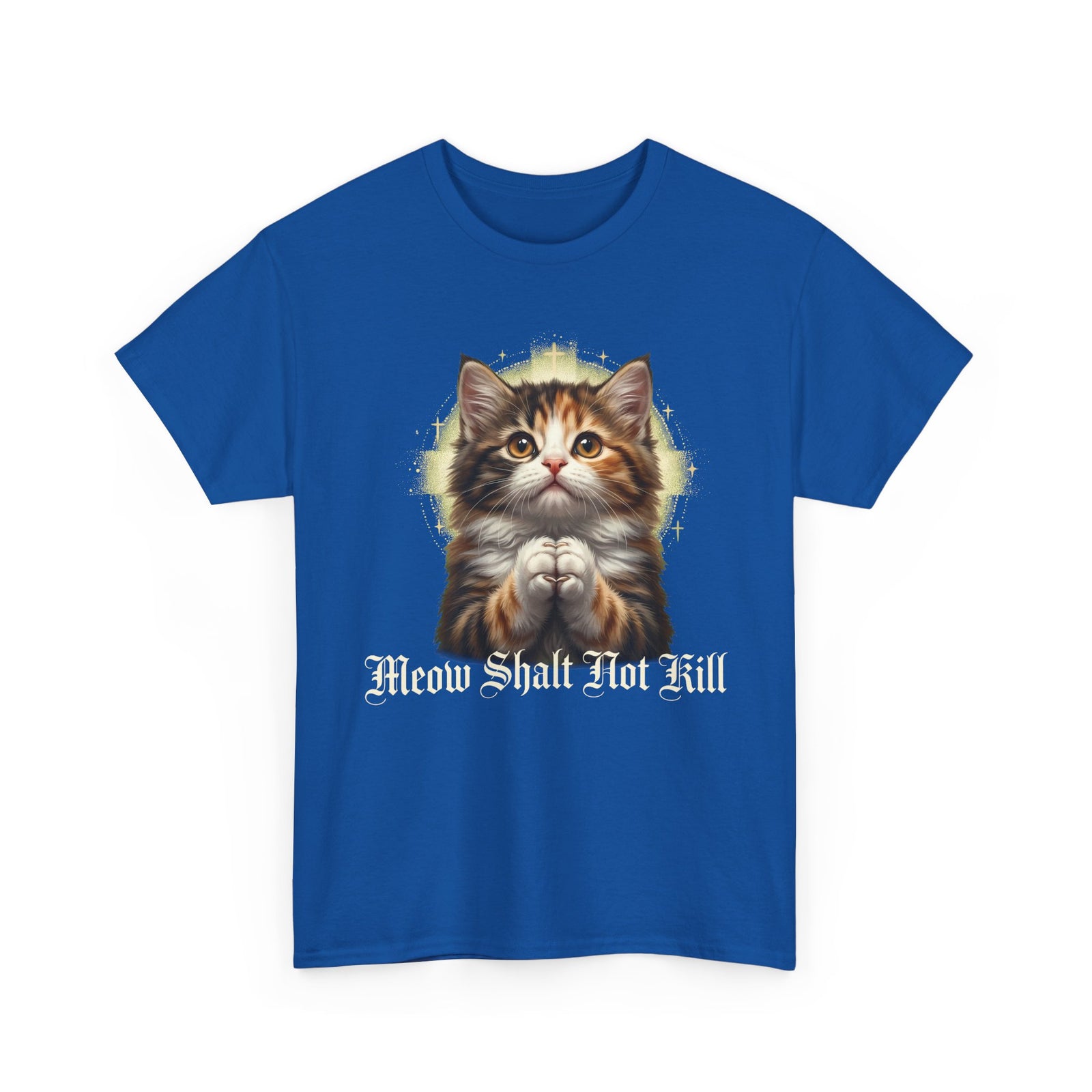 Praying Kitten T‑Shirt — "Meow Shalt Not Kill" Cute Vintage Cat Tee