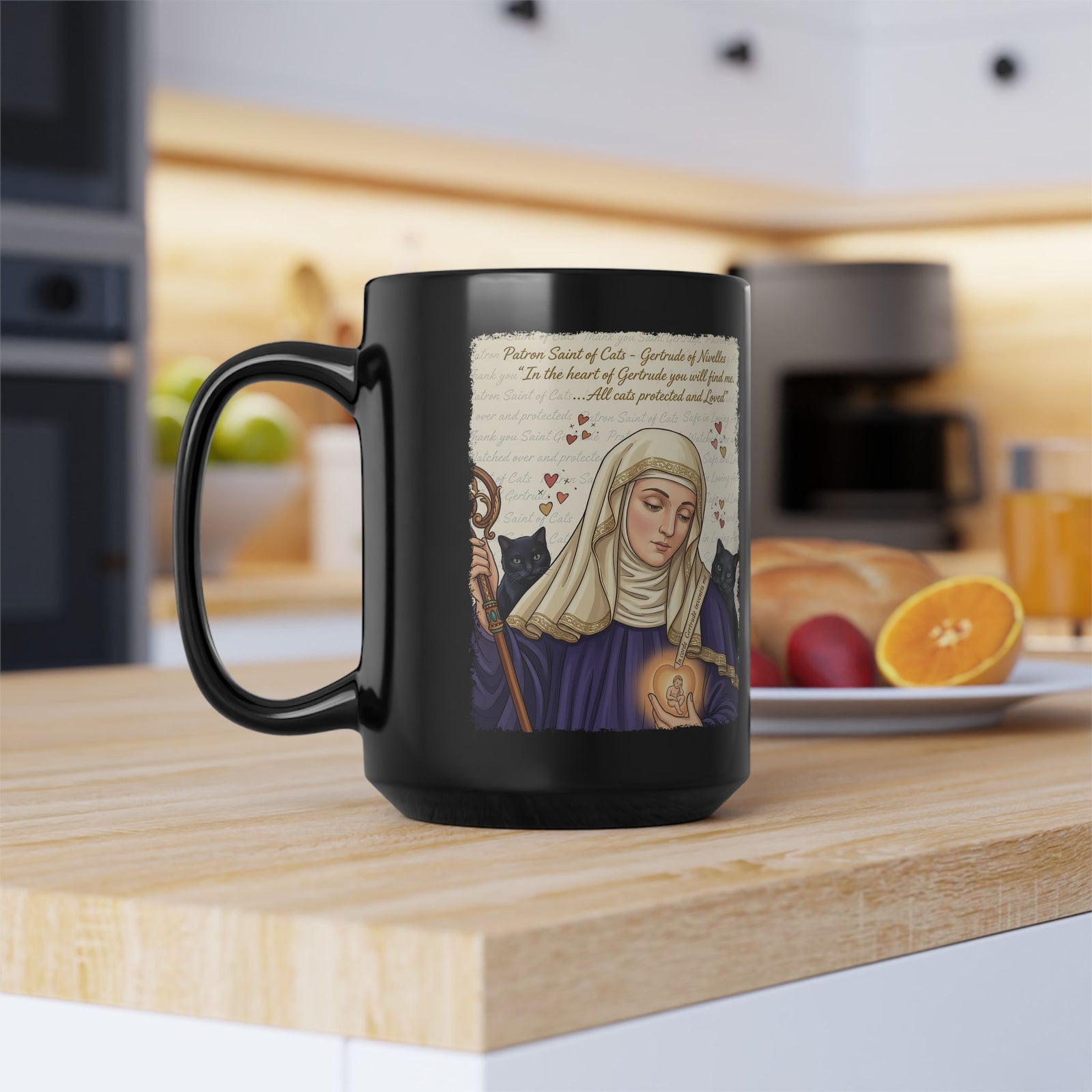 Gertrude of Nivelles "All Cats Protected and Loved" Black Mug