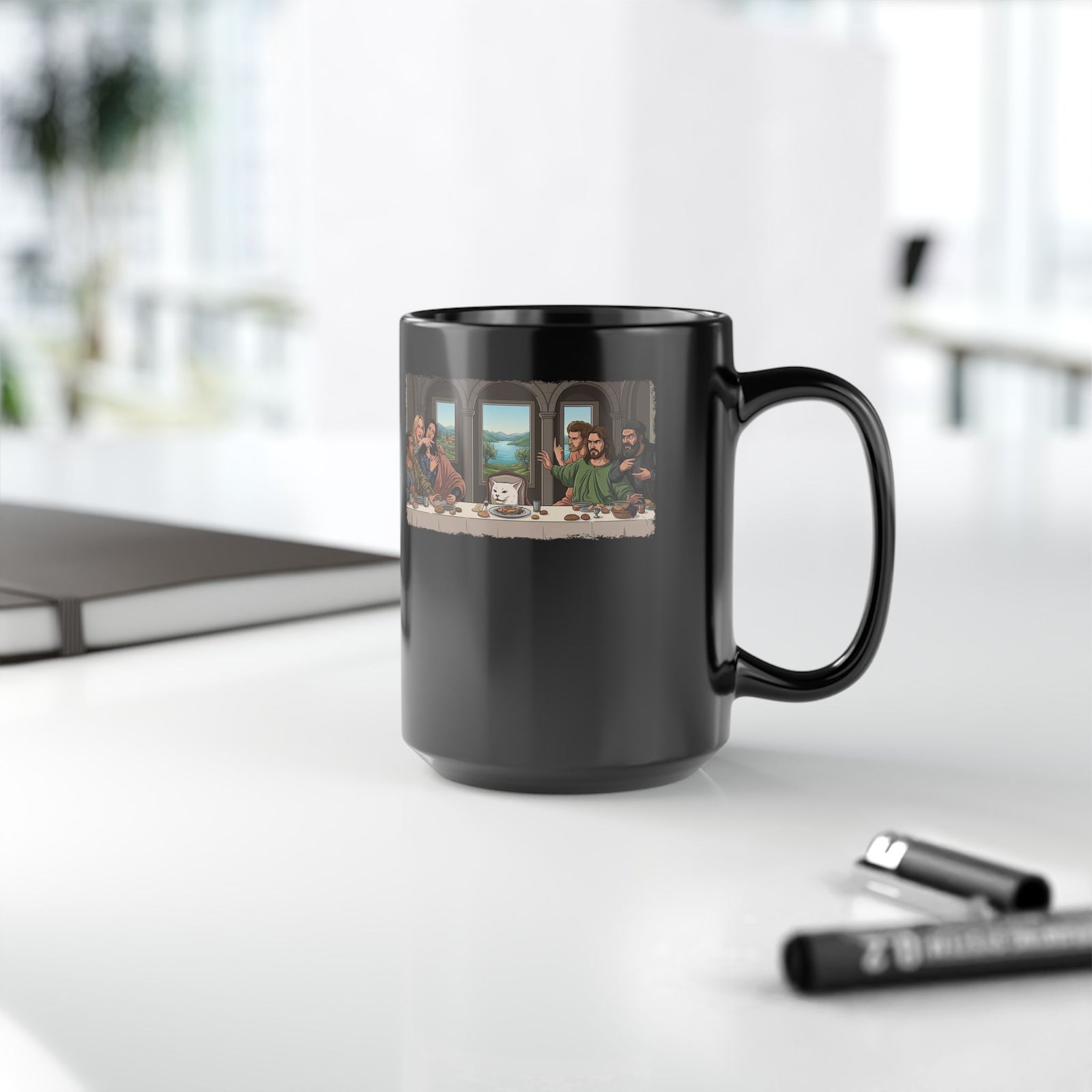 Last Supper x Woman Yelling at Cat Mug — Funny Religious Art Mashup Black Mug