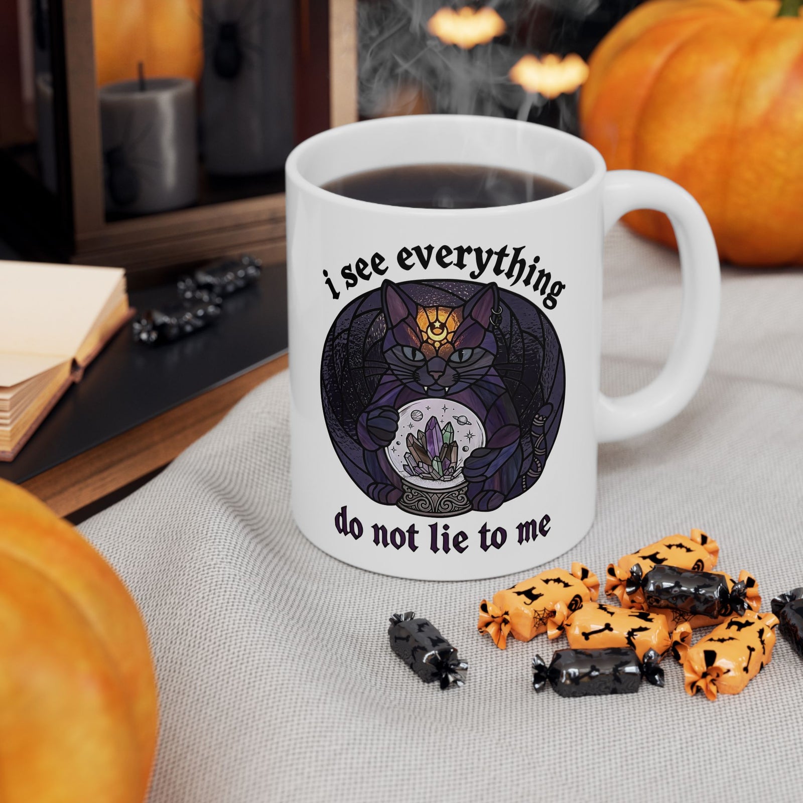 Mystic Fortune Teller Cat Ceramic Mug "I See Everything" Stained Glass Spiritual Kitten
