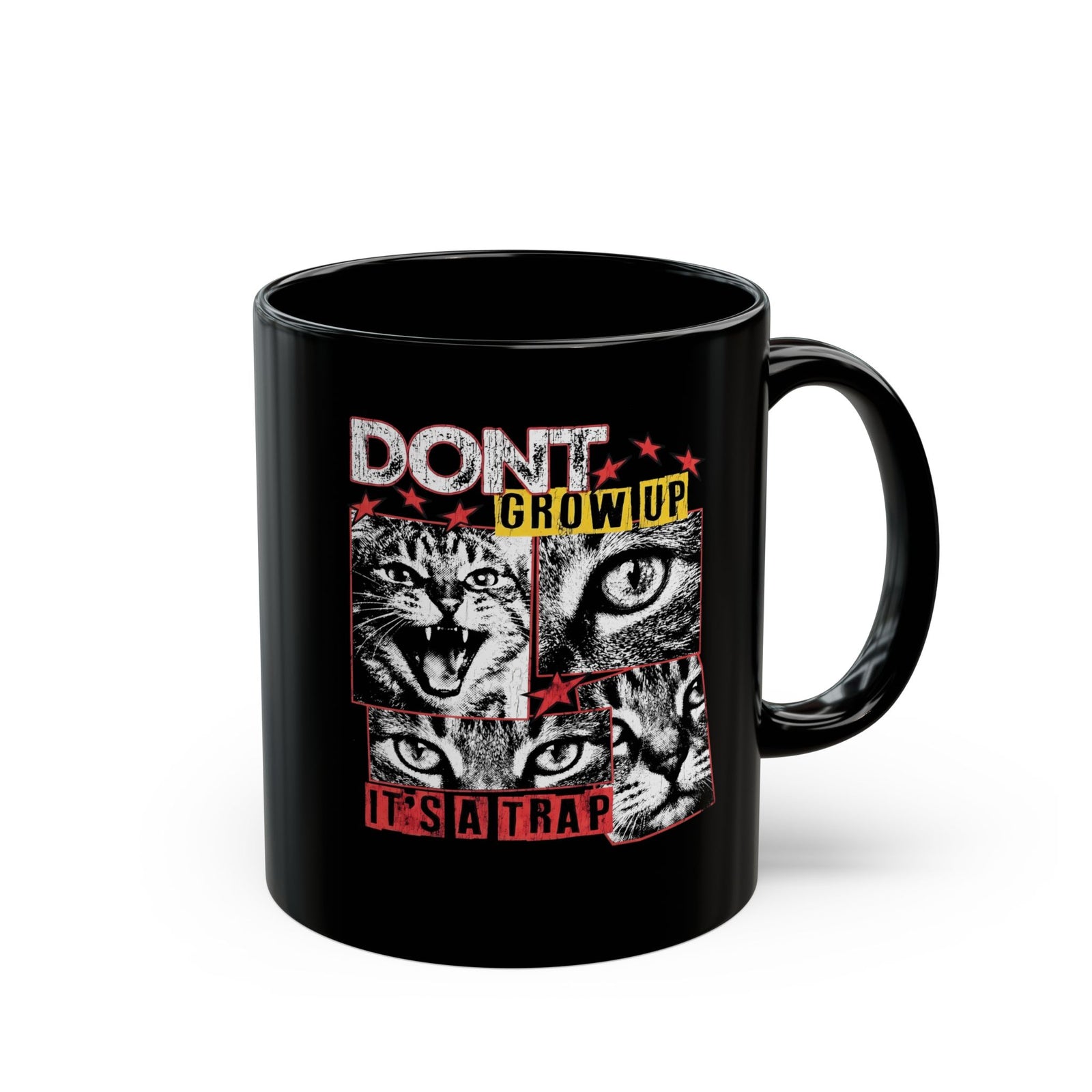 Don't Grow Up It's A Trap Black Mug — Funny Grunge Black and White Cat Mug