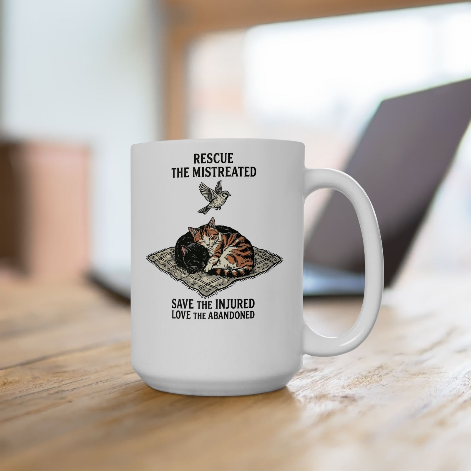 Cat Lover Ceramic Mug — "Rescue the Mistreated, Save the Injured, Love the Abandoned" Rescue Cat Mug