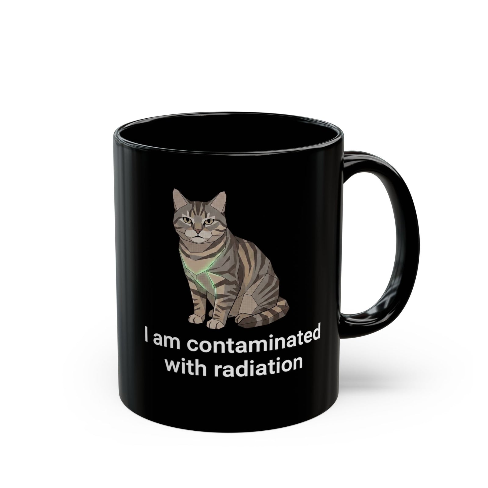 Funny Cat Black Mug "I Am Contaminated with Radiation" Humorous Retro Radioactive Mug