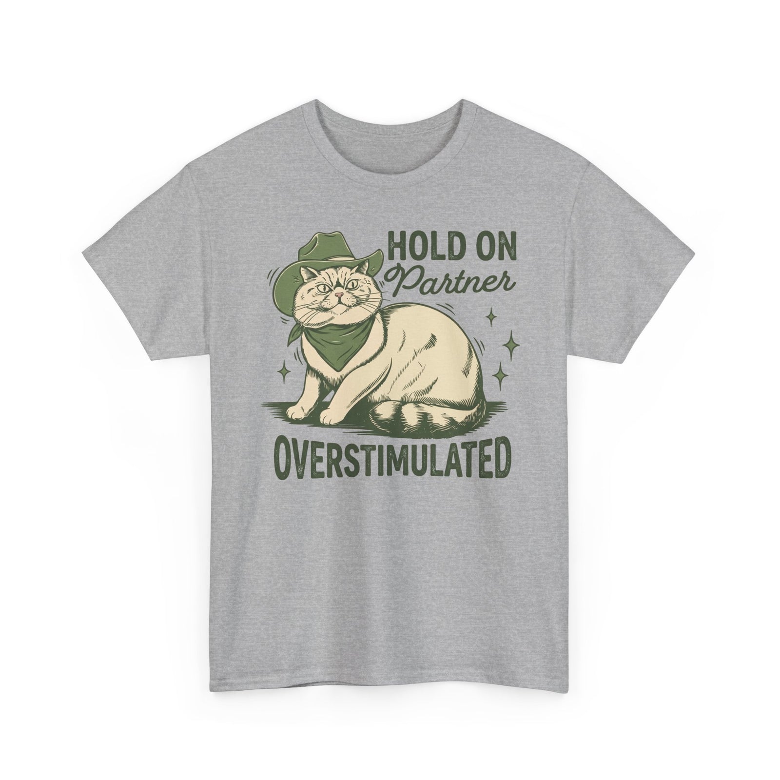 Hold On Partner Overstimulated Cat Tee — Funny Cowgirl Cat Graphic T-Shirt