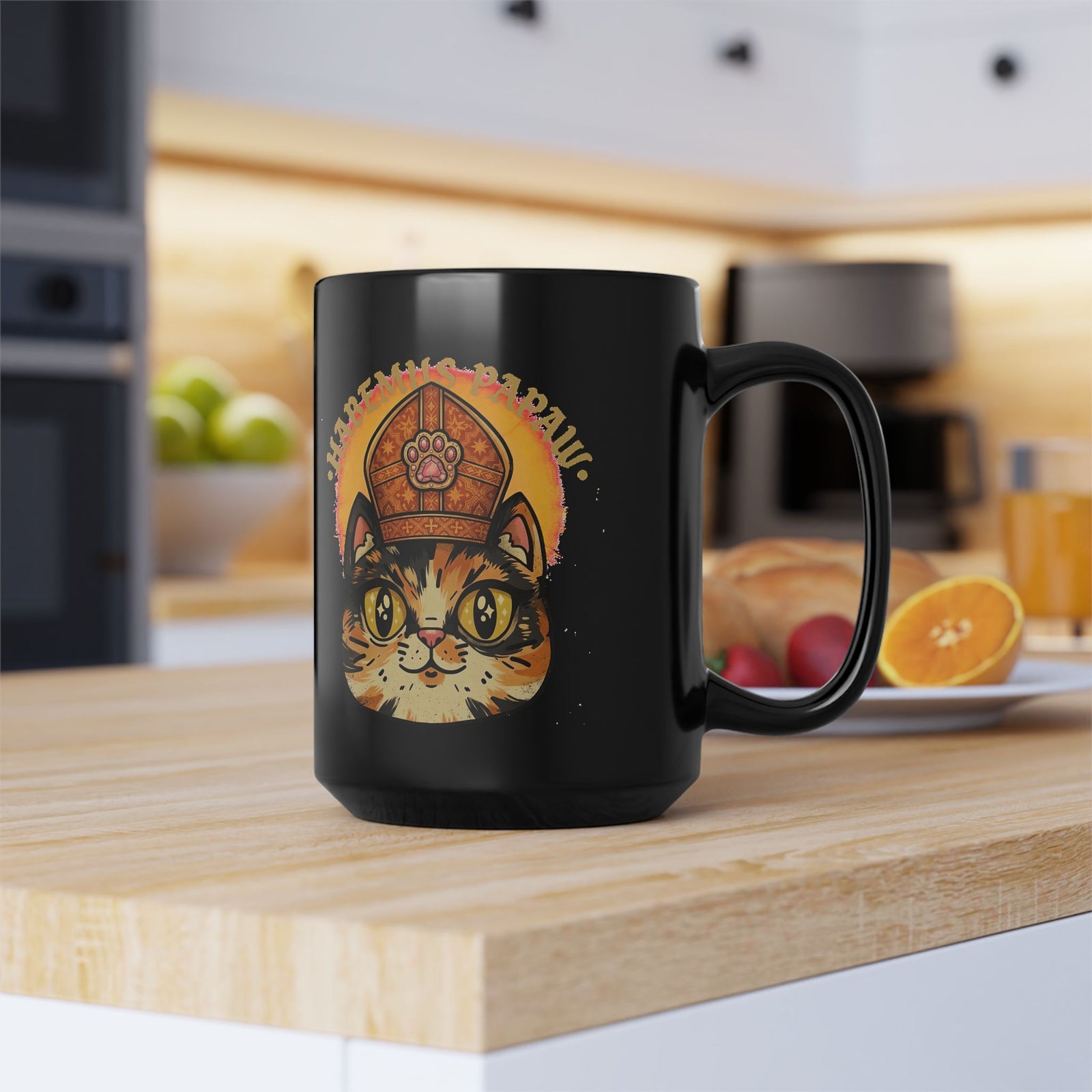 Funny 'Habemus Papaw' Catholic Kitten Black Mug — Pope Cat Graphic Mug