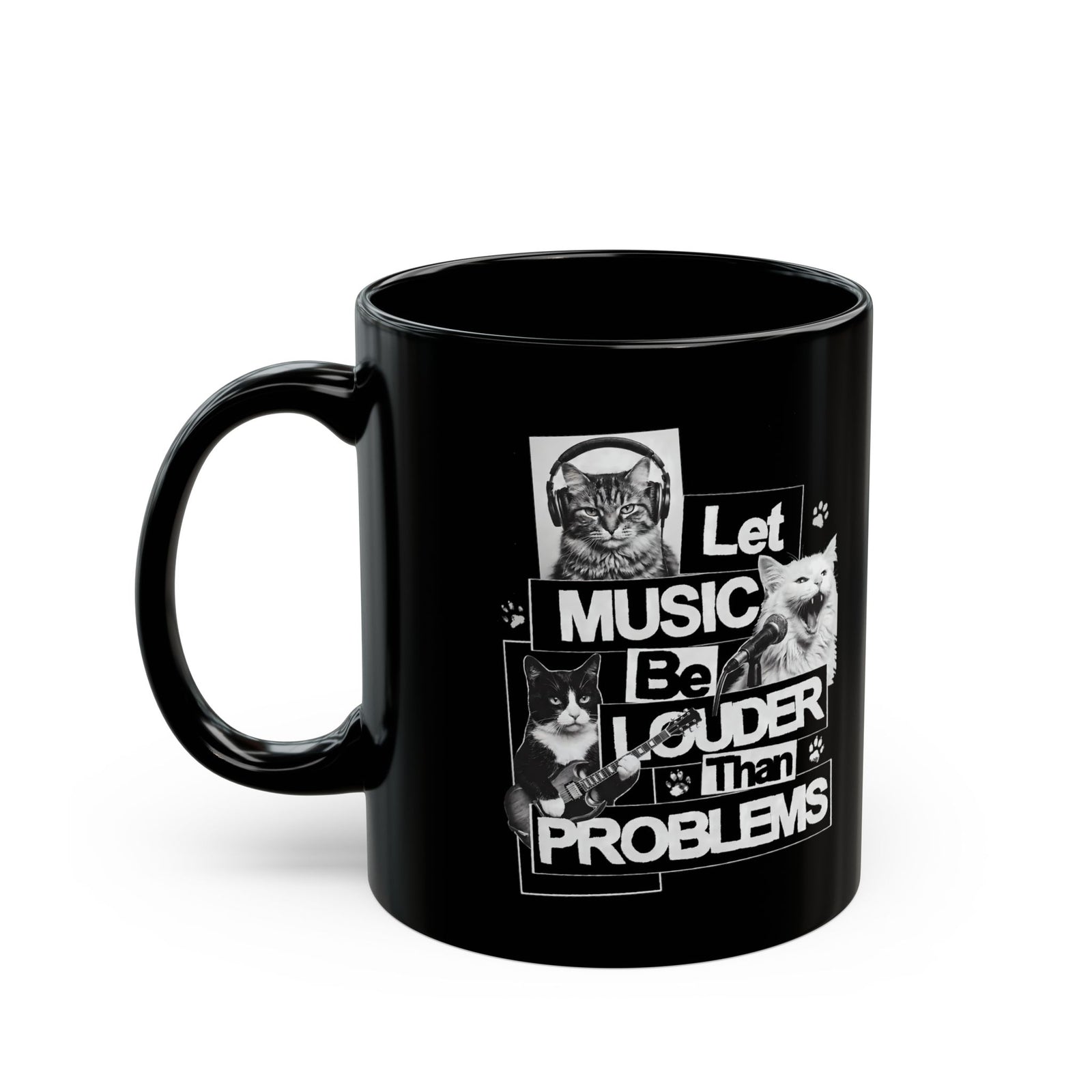 Let Music Be Louder Than Problems Black Mug — Funny Grunge Rock Cat Band Mug