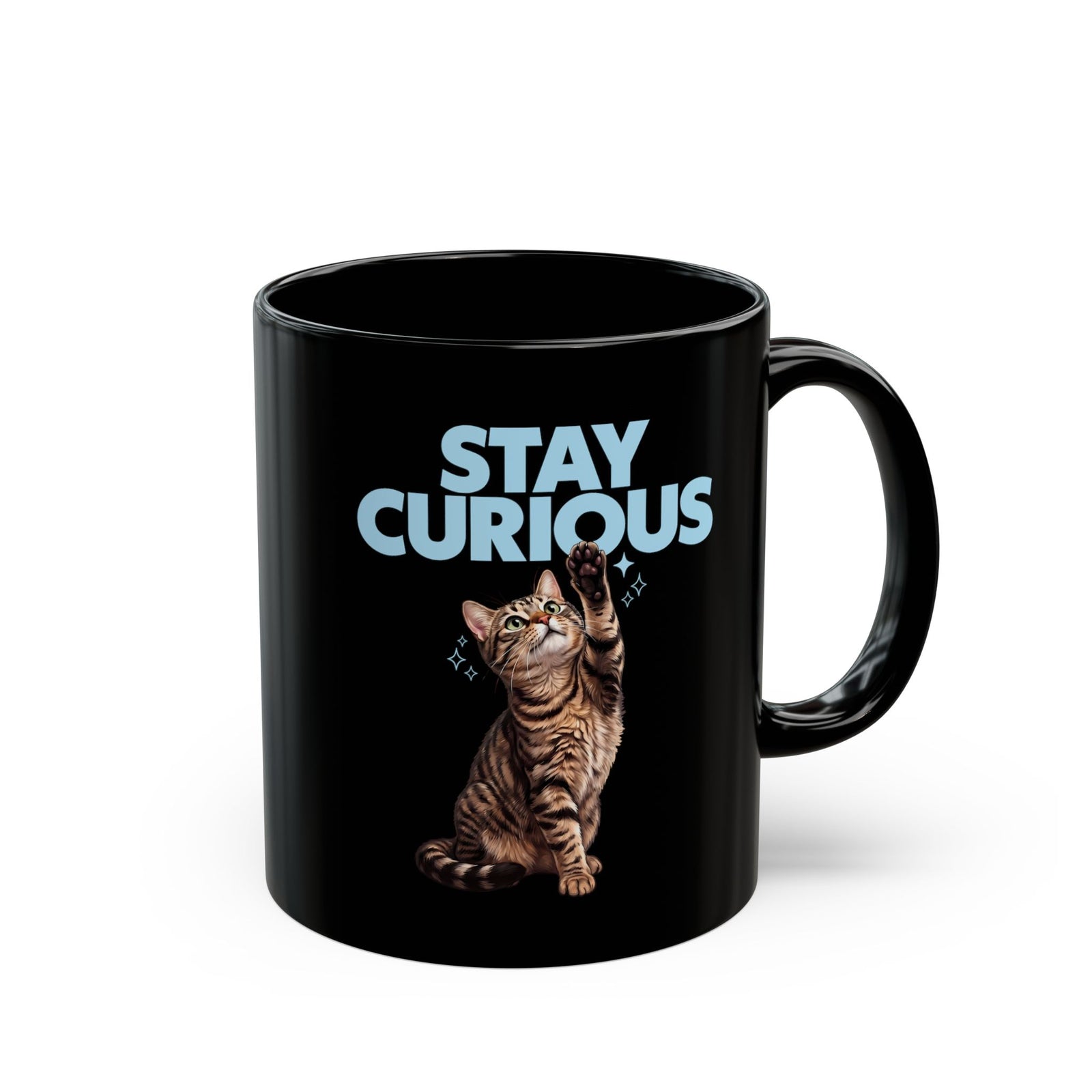Stay Curious Tabby Cat Black Mug — Cute Reaching Feline Graphic Mug