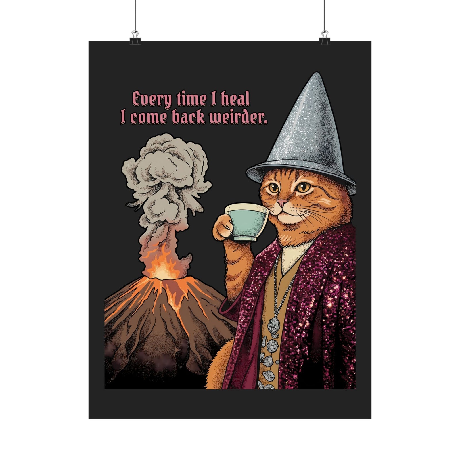 Weird Healing Journey Cat Poster — Retro Feline Tea Time Aesthetic Poster