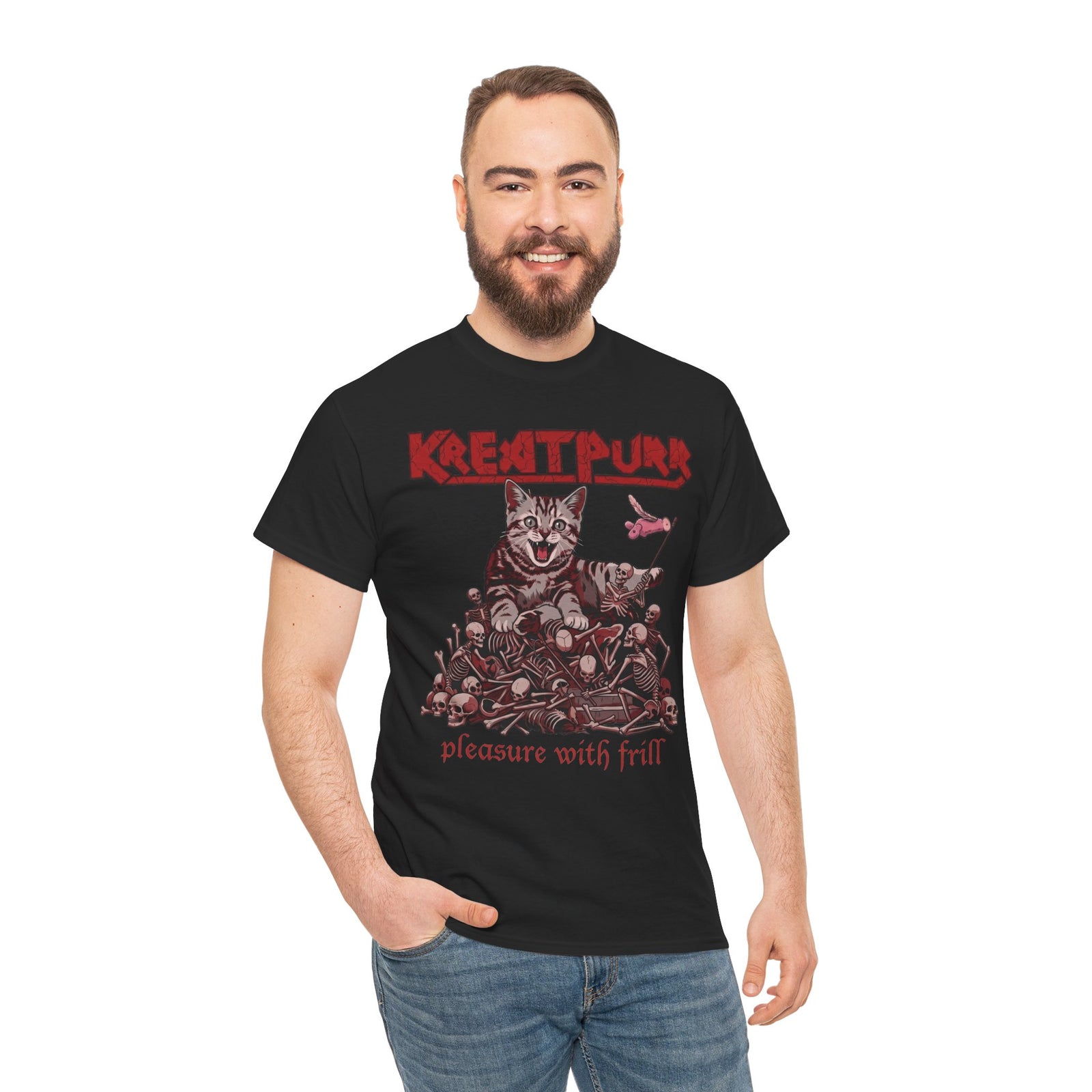Metal Band Cat Tee — "Krentipurr: Pleasure With Frill" Graphic T-Shirt