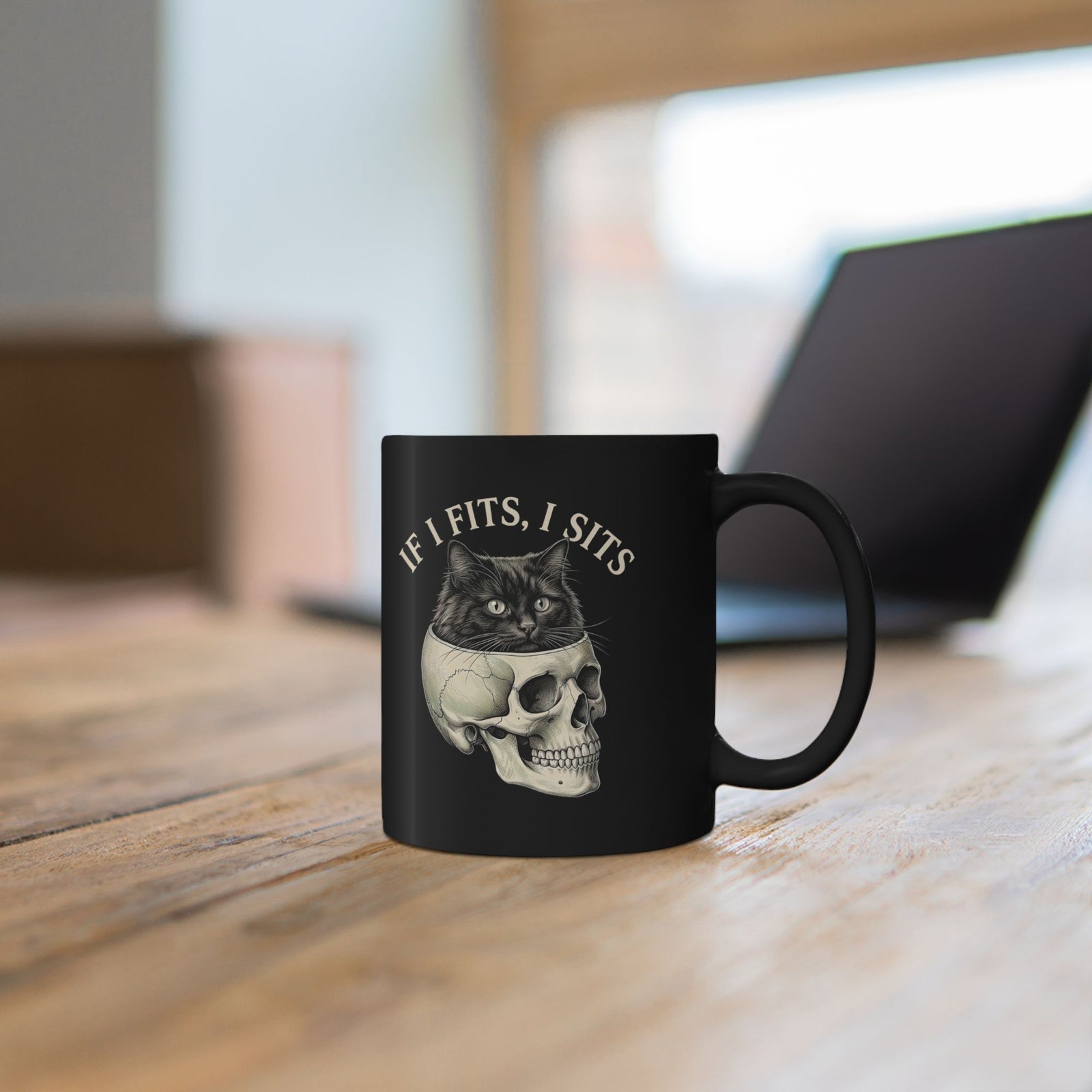 Cat 'If I Fits I Sits' Black Mug
