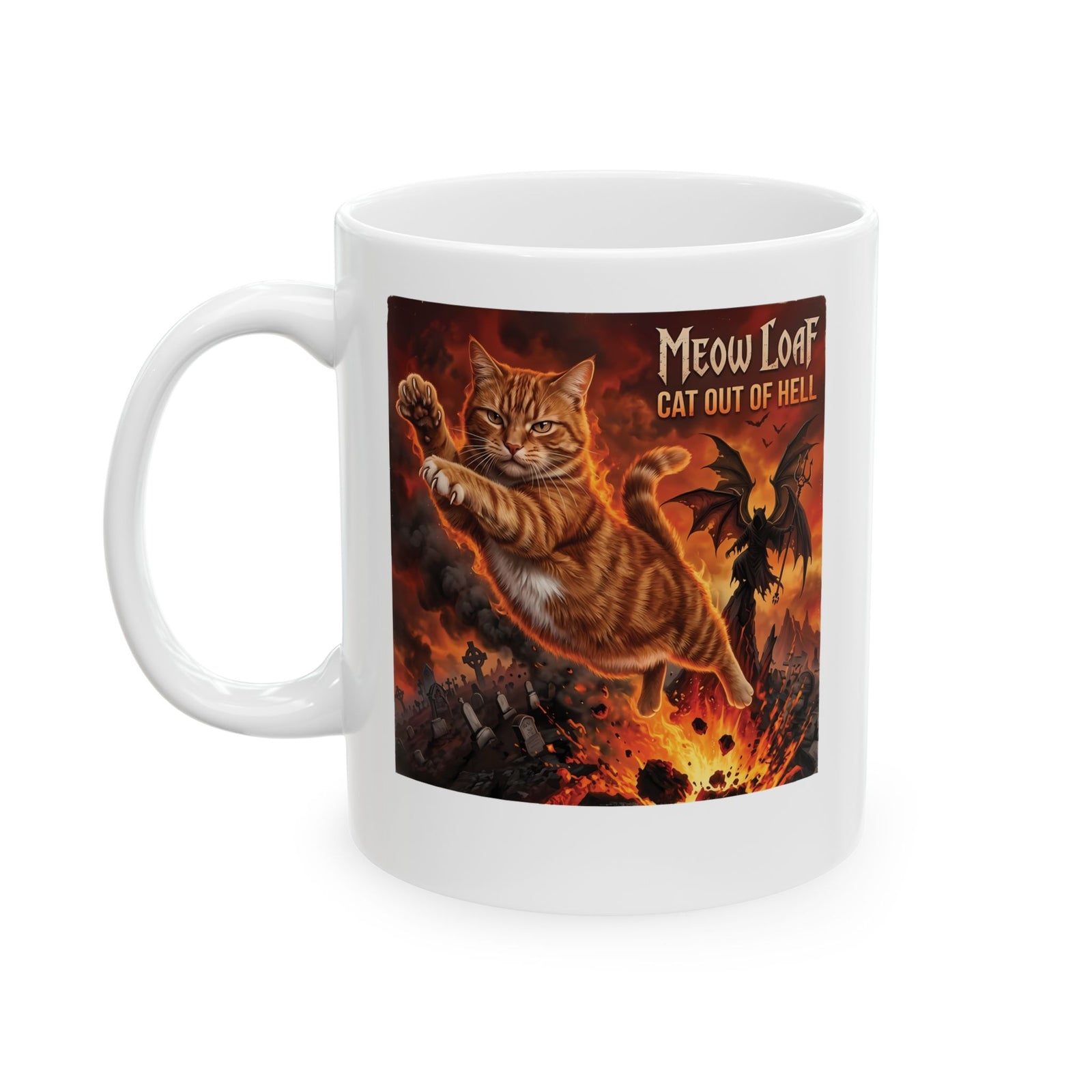 Meow Loaf Cat Out of Hell Ceramic Mug — Funny Gothic Cat Mug