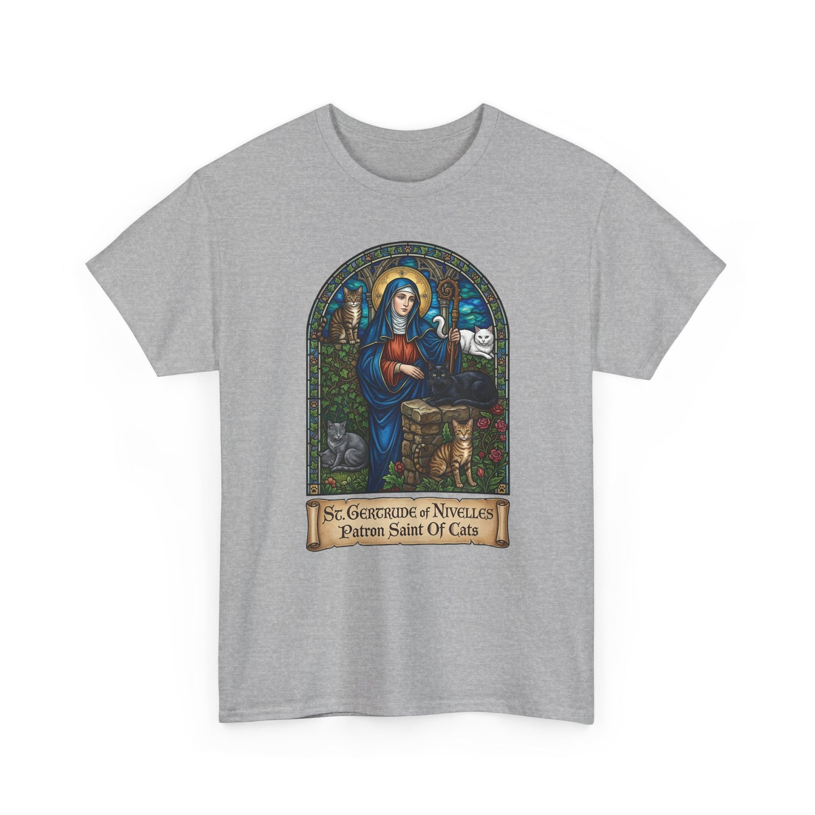 Saint Gertrude of Nivelles Cat Patron T-Shirt — Patron Saint of Cats Tee