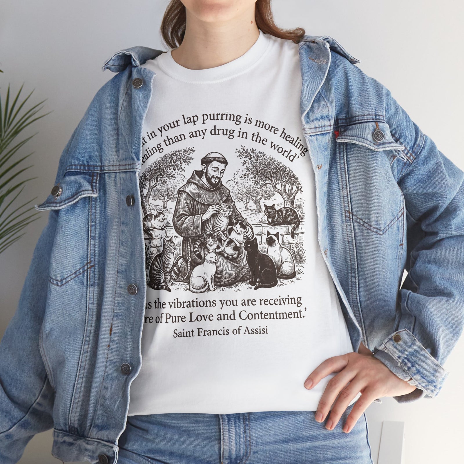 Saint Francis Vintage Graphic Tee — "A Cat in Your Lap Purring" Spiritual Animal Lover Shirt