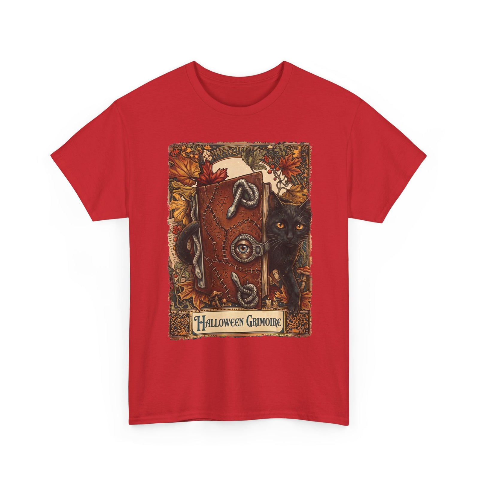 Halloween Grimoire Spellbook Black Cat T-Shirt — Witchy Autumn Magic Tee