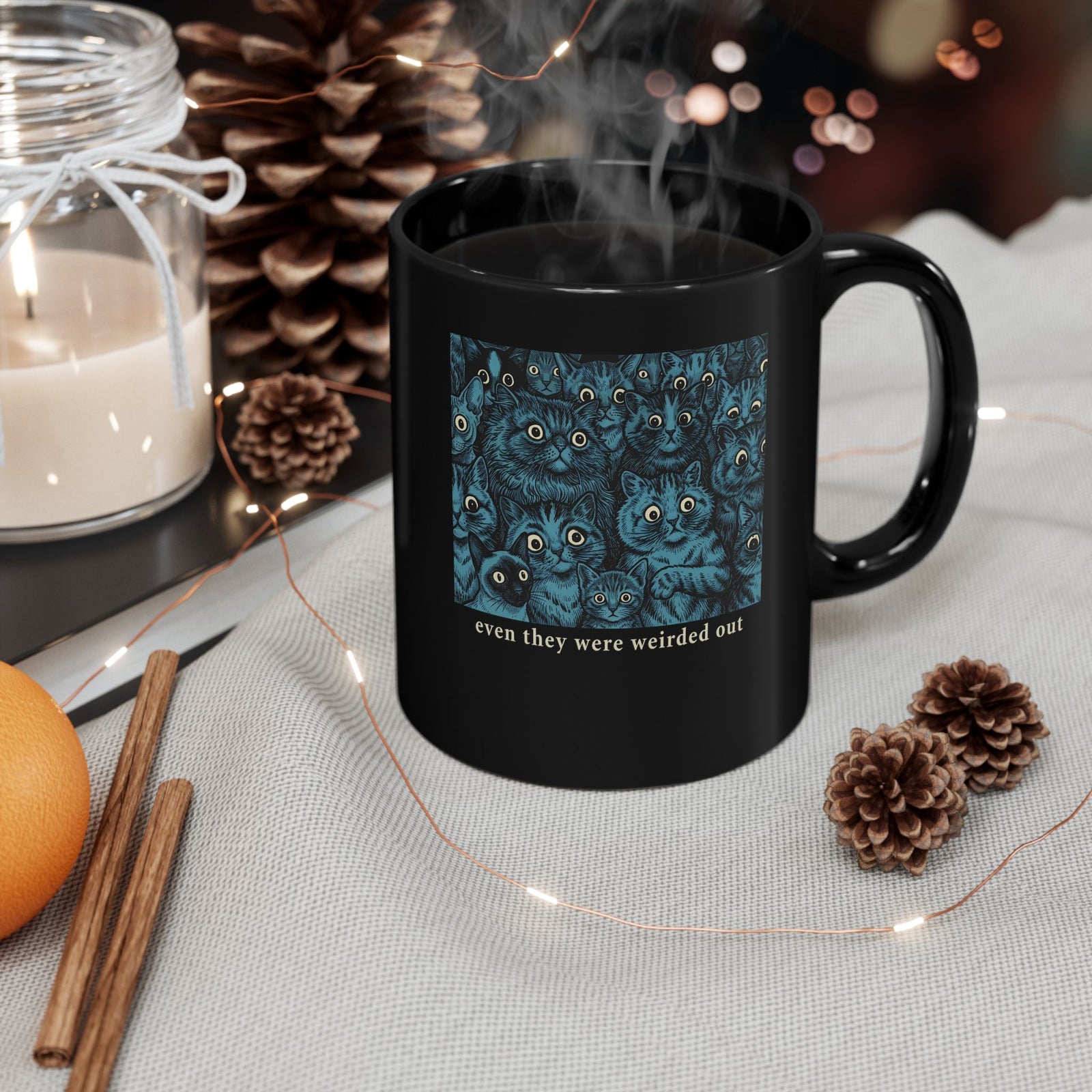 “Even Cats Were Weirded Out” Black Mug — Funny Cat Graphic Mug