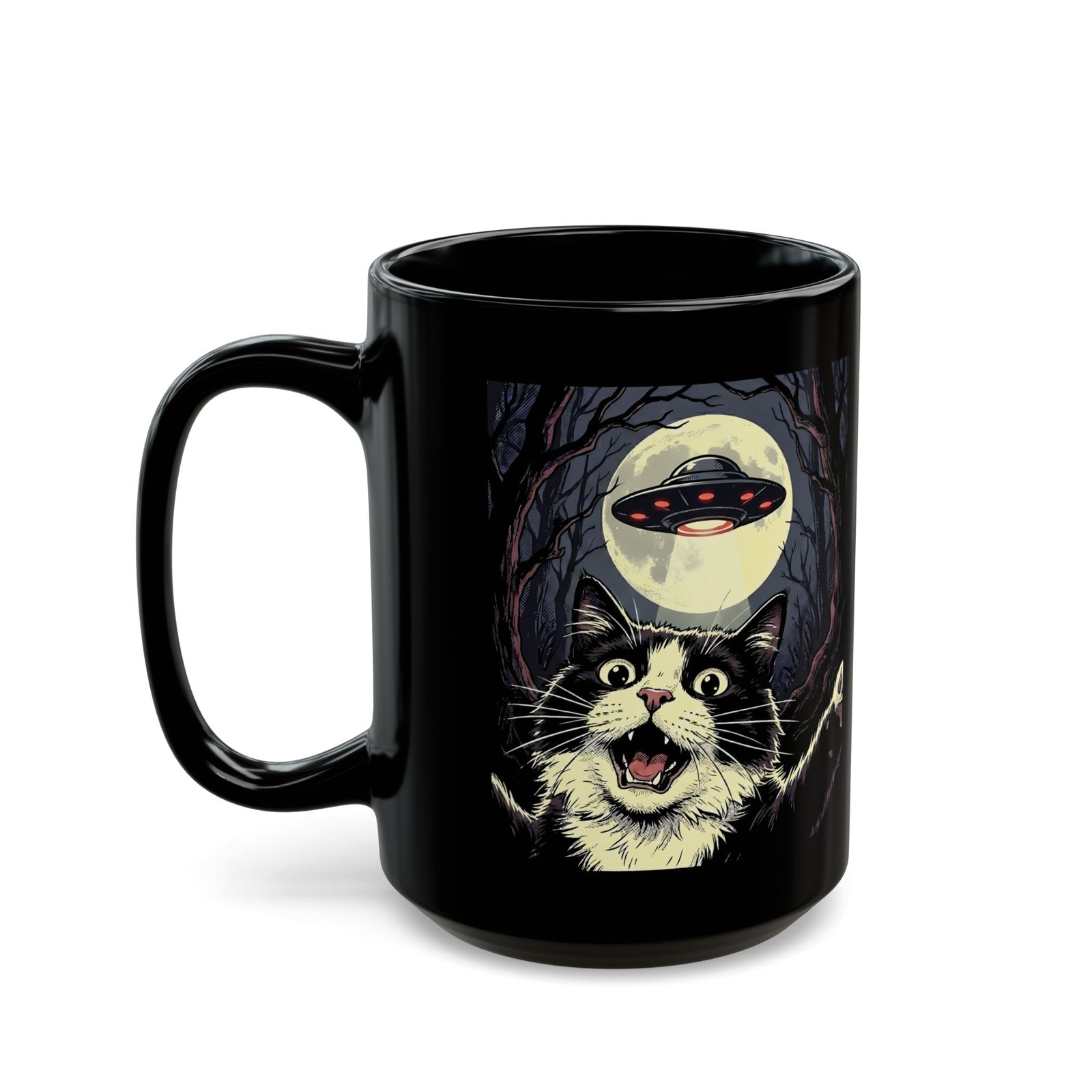 Cat Selfie With UFO Black Mug