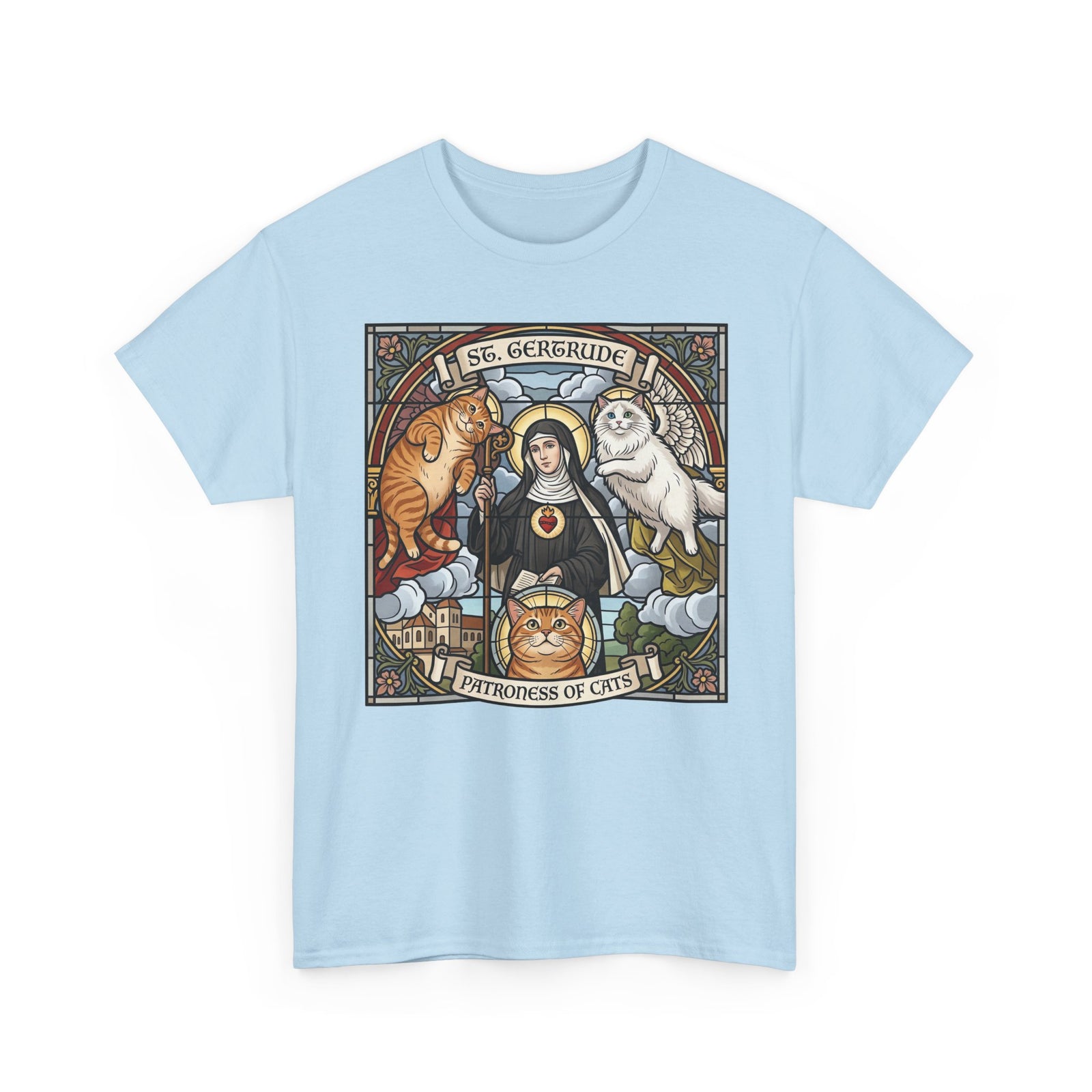 Saint of Cats T‑Shirt — "I See Herebound" Vintage Stained-Glass Cat Graphic Tee