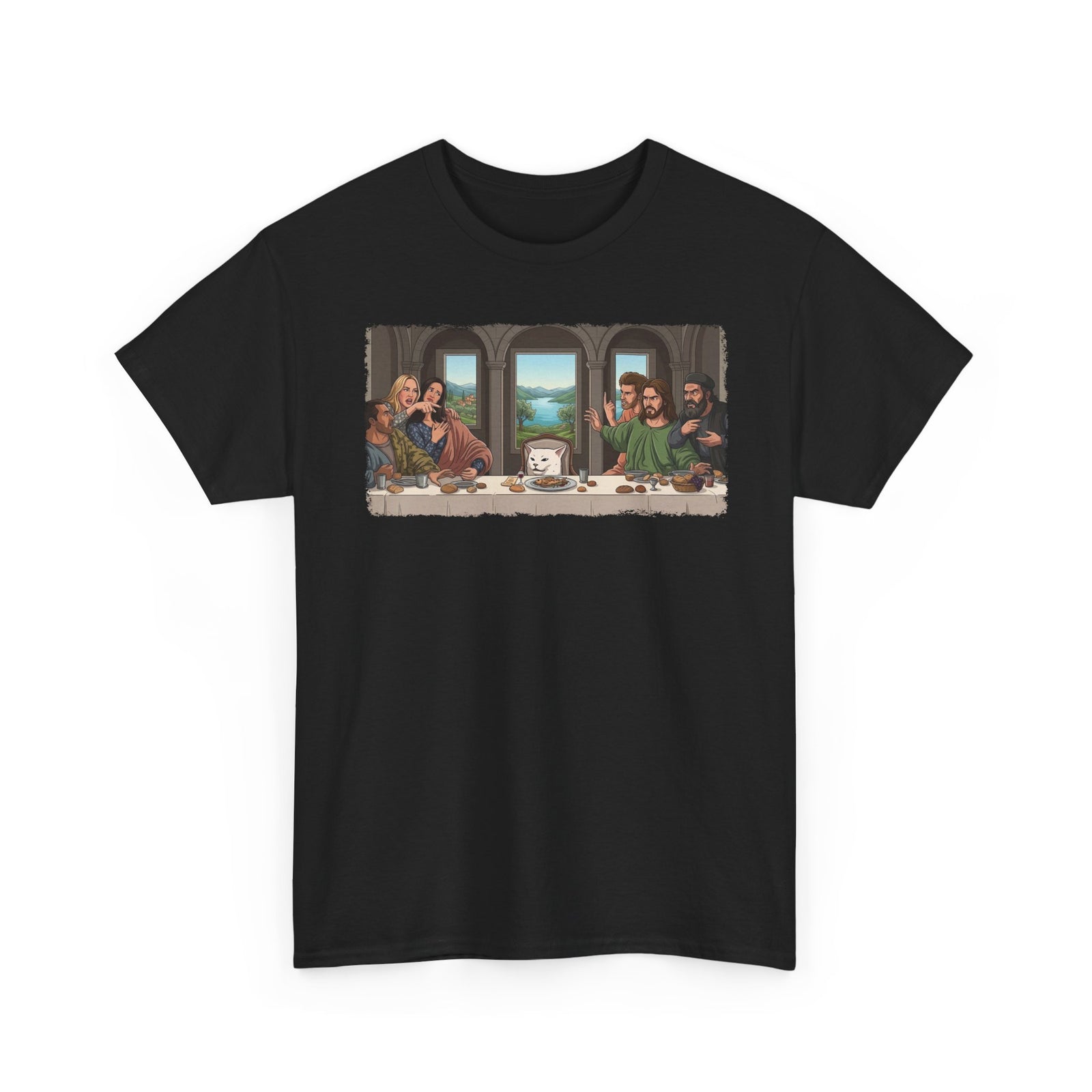 Last Supper x Woman Yelling at Cat Tee — Funny Religious Art Mashup T-Shirt