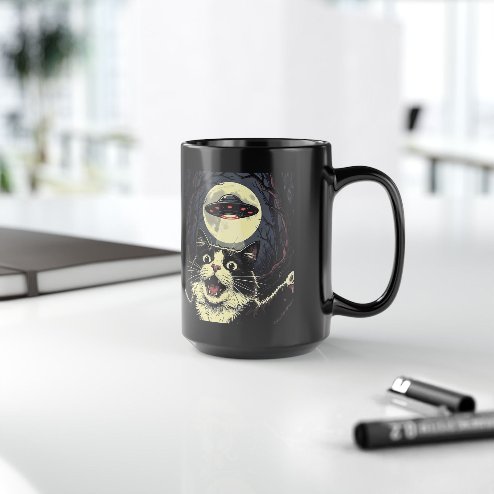 Cat Selfie With UFO Black Mug