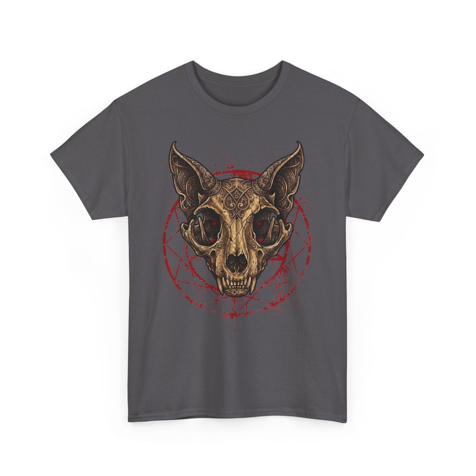 Gothic Ornate Cat Skull Red Pentagram Shirt — Dark Occult Feline T-Shirt
