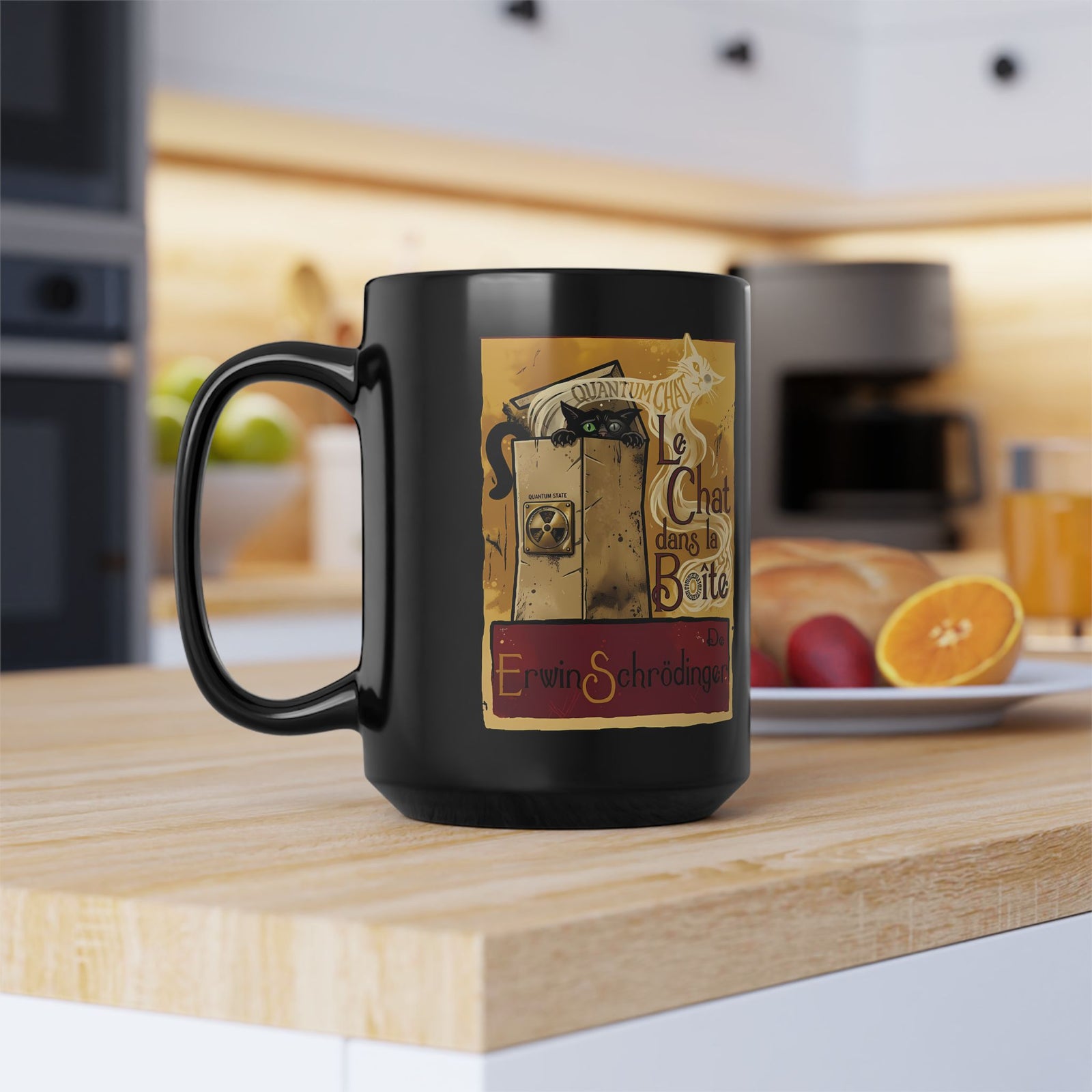 Le Chat dans la Boite Cat Black Mug — Cute French Cat Graphic Mug