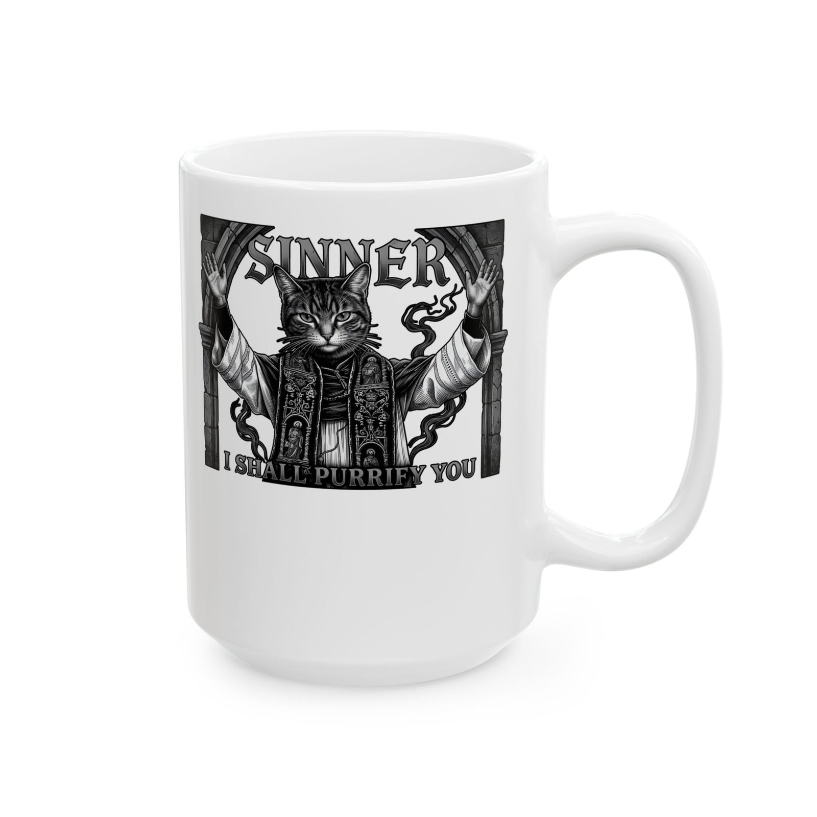 Sinner Shall I Purrify You Cat Mug — 'Purriest' Funny Gothic Cat Mug