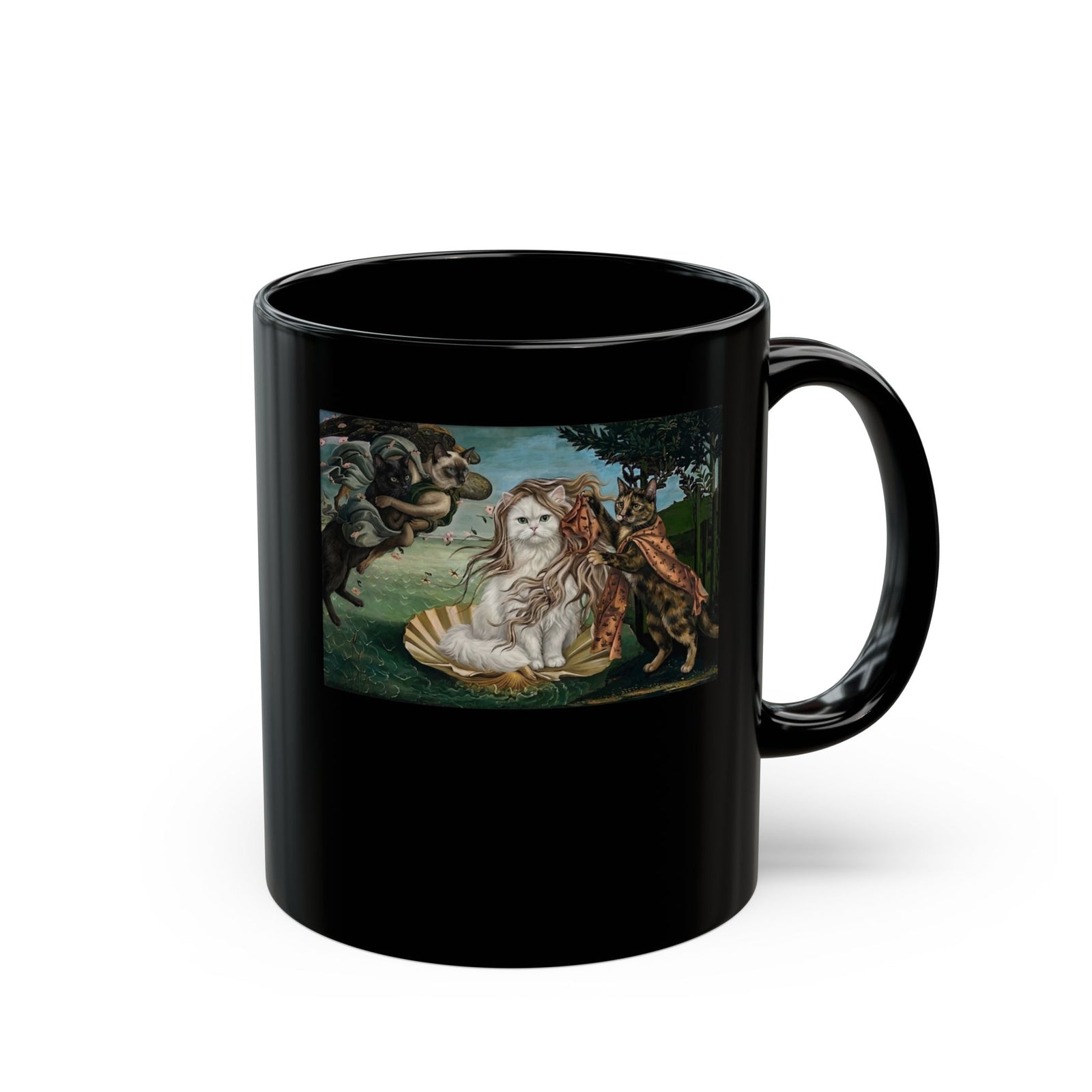 Birth of Venus Kitty Black Mug — Vintage Art Cat Mug