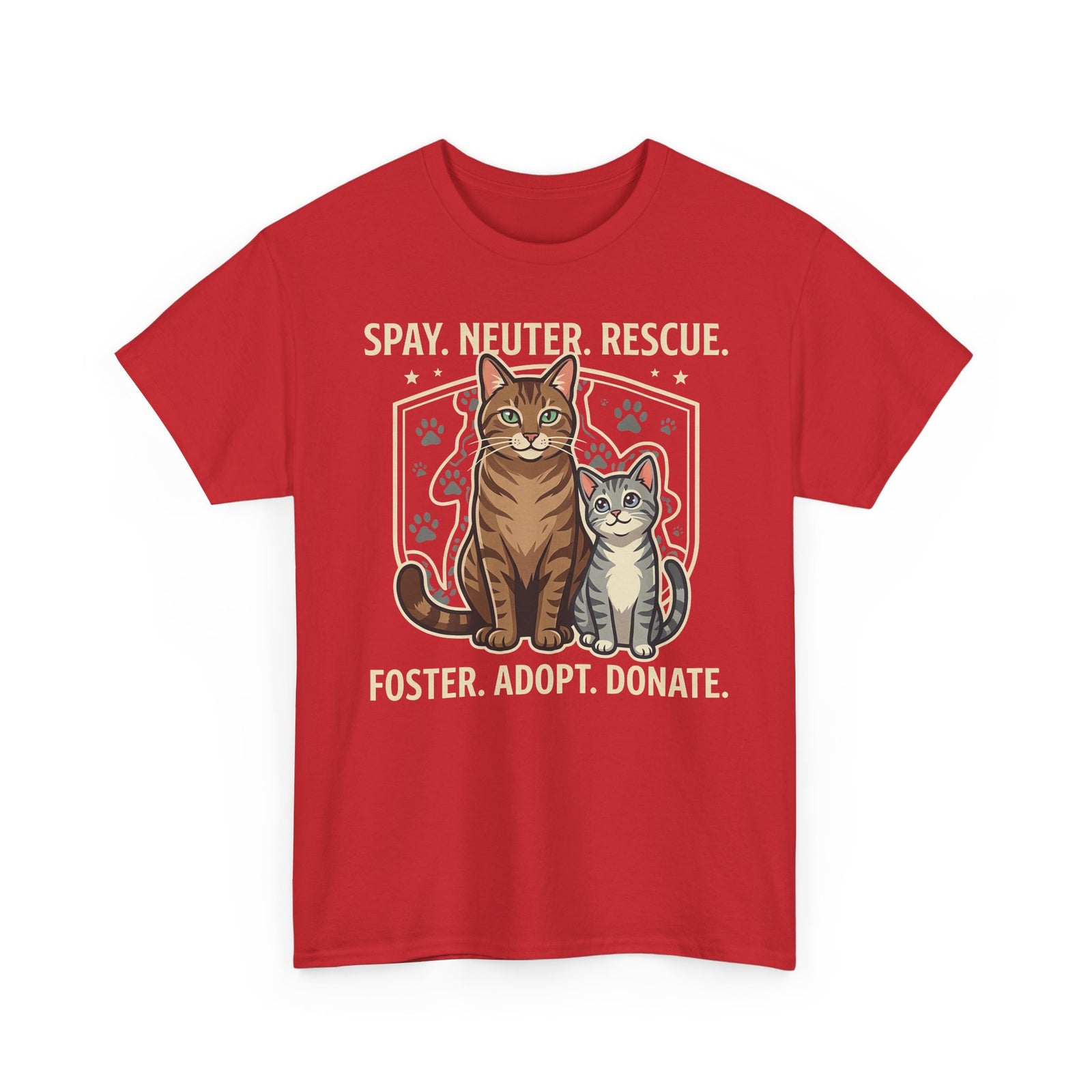 Cat Rescue T-Shirt - "Spay. Neuter. Rescue. Foster. Adopt. Donate." Animal Shelter Support Tee