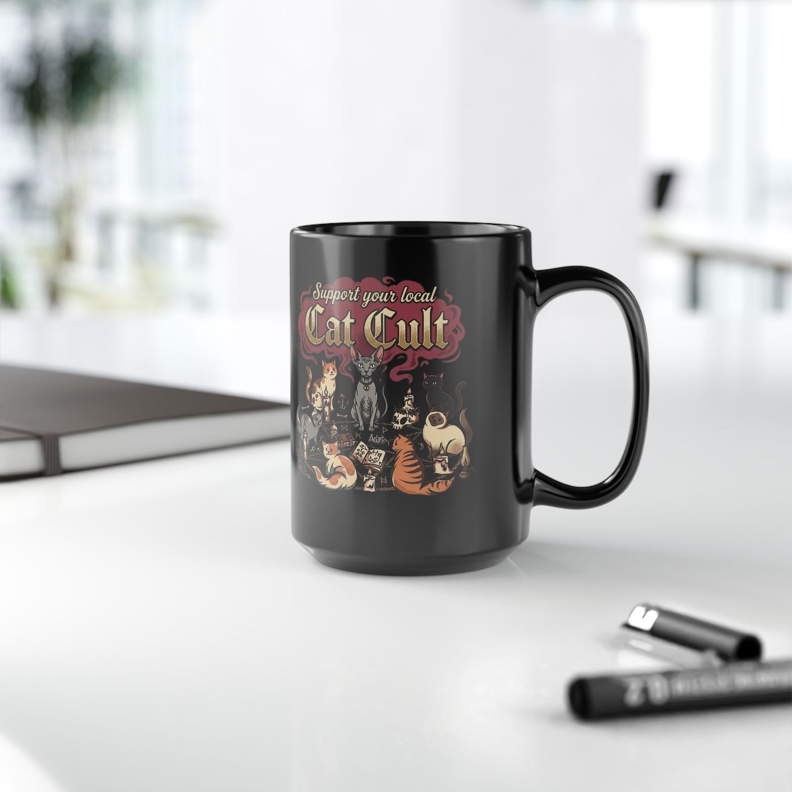 Support Your Local Cat Cult Black Mug — Funny Cat Lover Mug