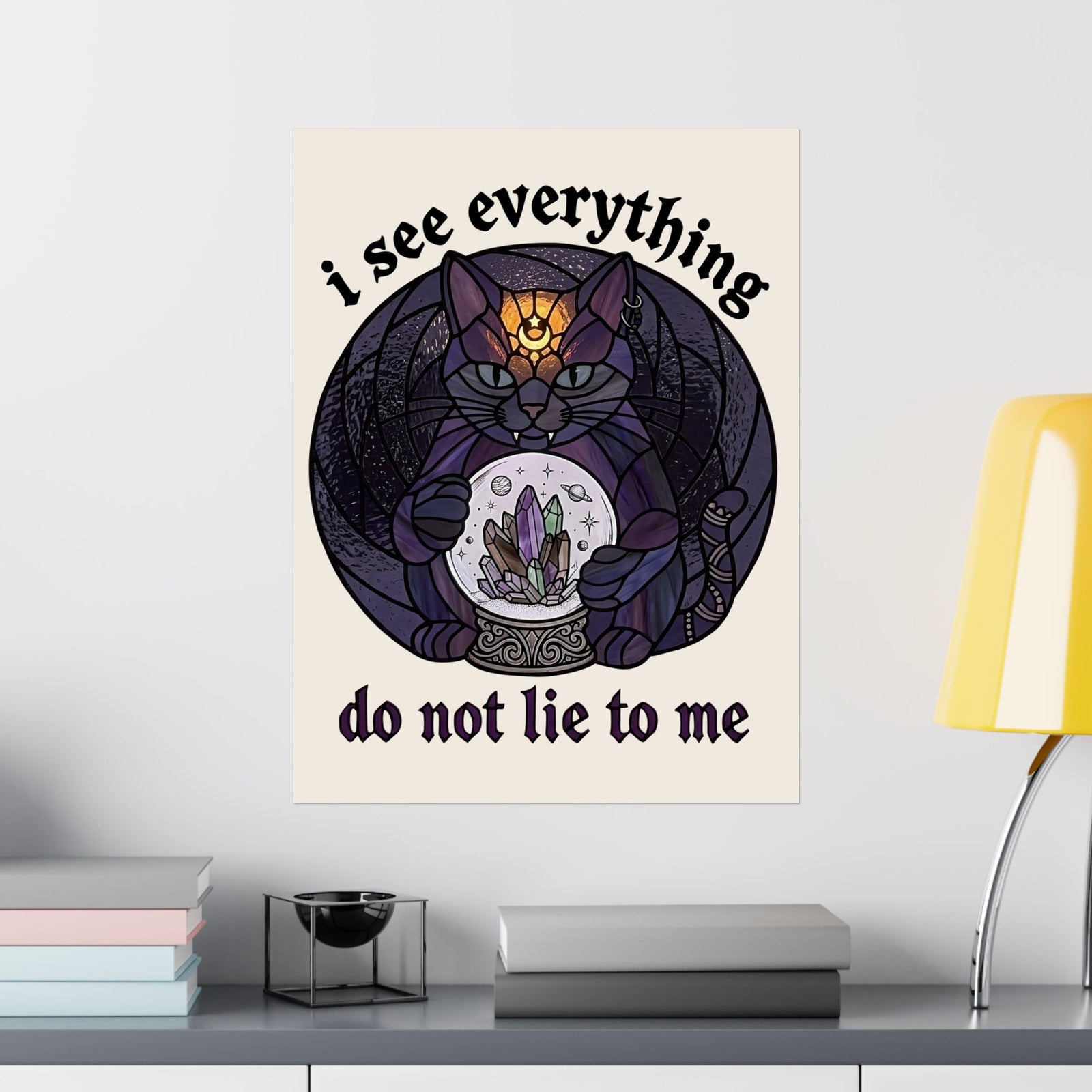Mystic Fortune Teller Cat Poster "I See Everything" Stained Glass Spiritual Kitten