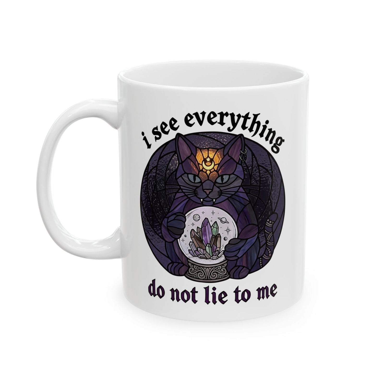 Mystic Fortune Teller Cat Ceramic Mug "I See Everything" Stained Glass Spiritual Kitten