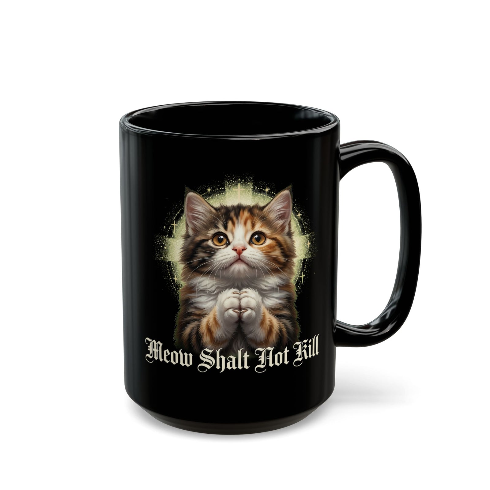 Praying Kitten T‑Mug — "Meow Shalt Not Kill" Cute Vintage Cat Mug
