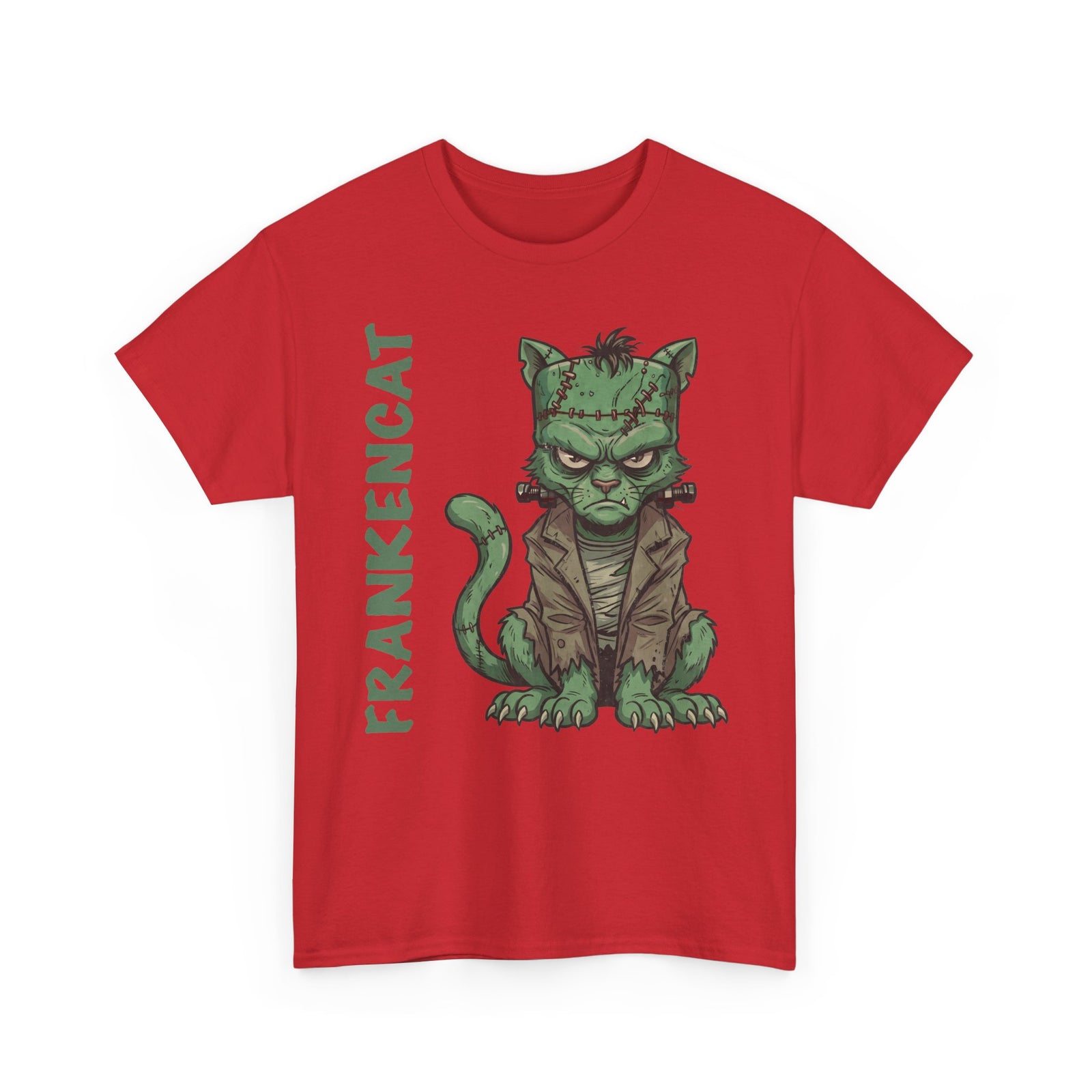 Funny Frankencat Halloween T-Shirt — Green Monster Cat Graphic Apparel