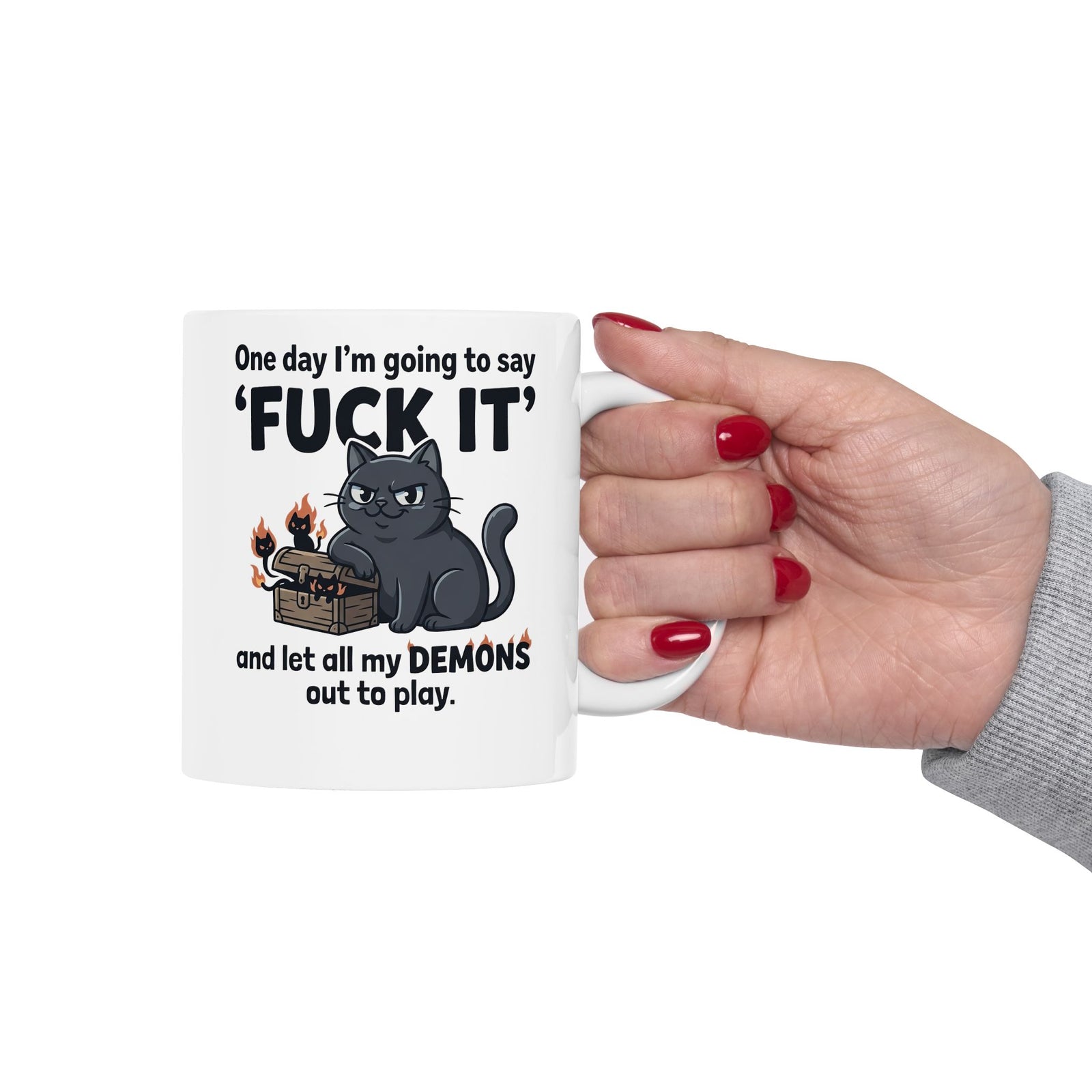 Cat Demon Graphic Mug — “One day I'm going to say 'FUCK IT'” Funny Goth Ceramic Mug