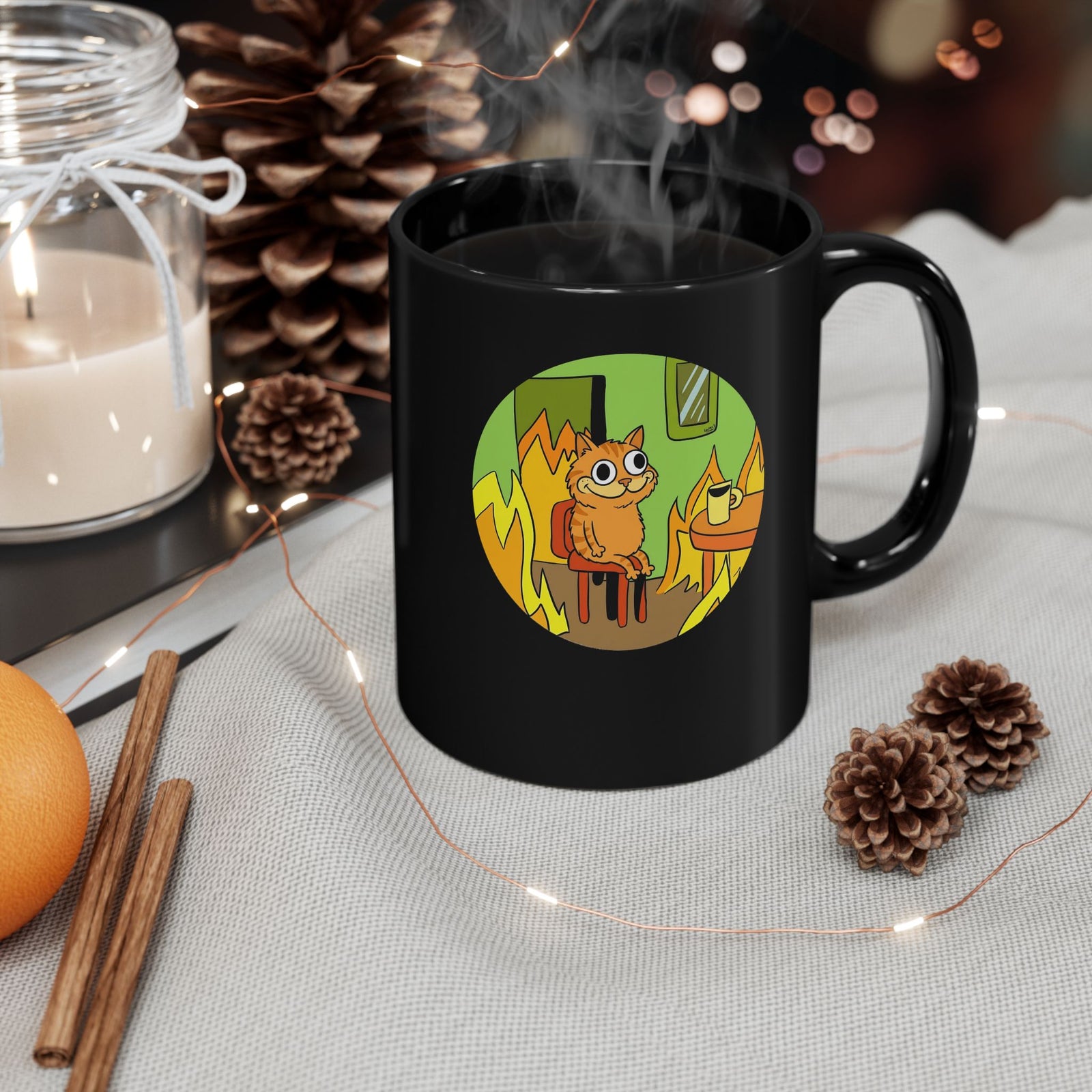 This Is Fine Orange Cat Black Mug — Funny Meme Parody Feline Graphic Mug